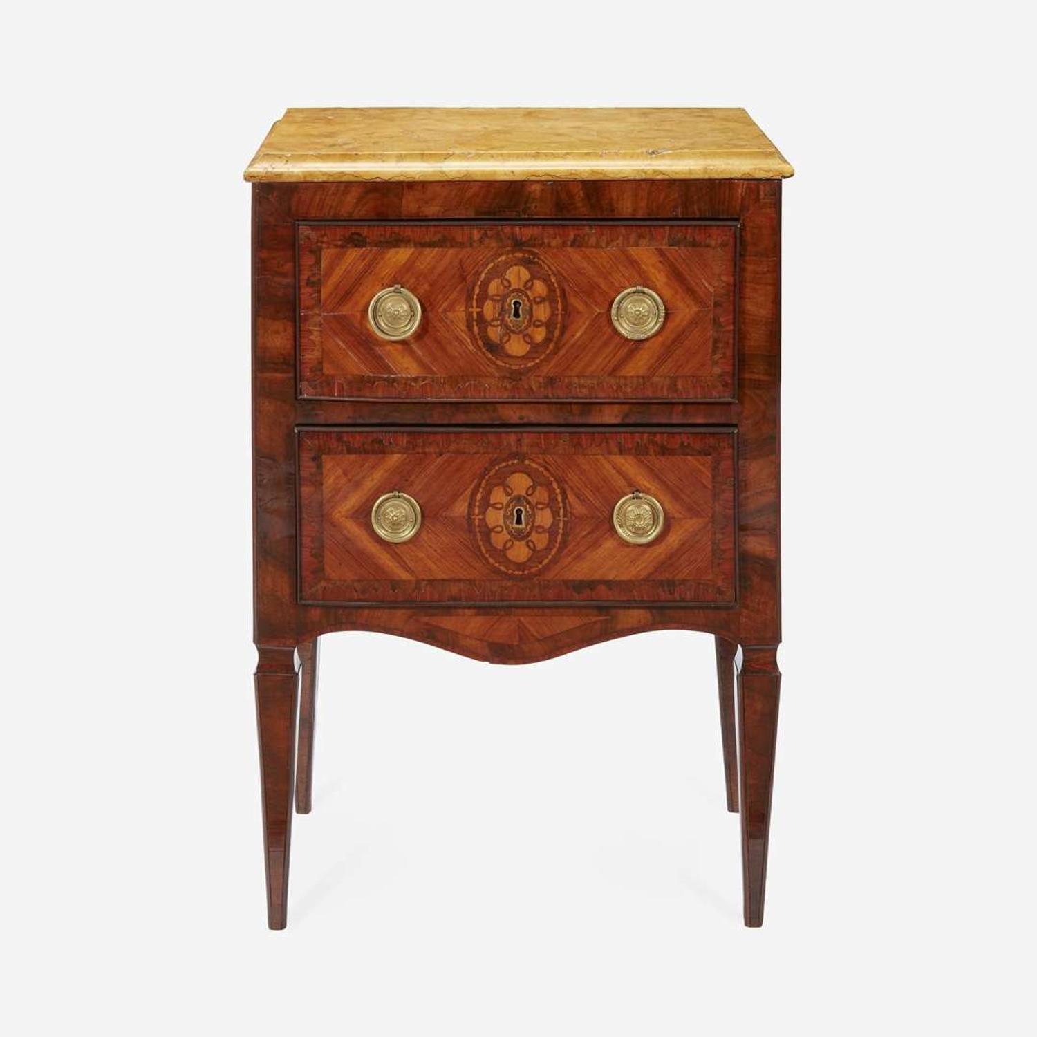 An Italian Neoclassical Walnut and Fruitwood Marquetry Side Table with Marble Top Late 18th century
