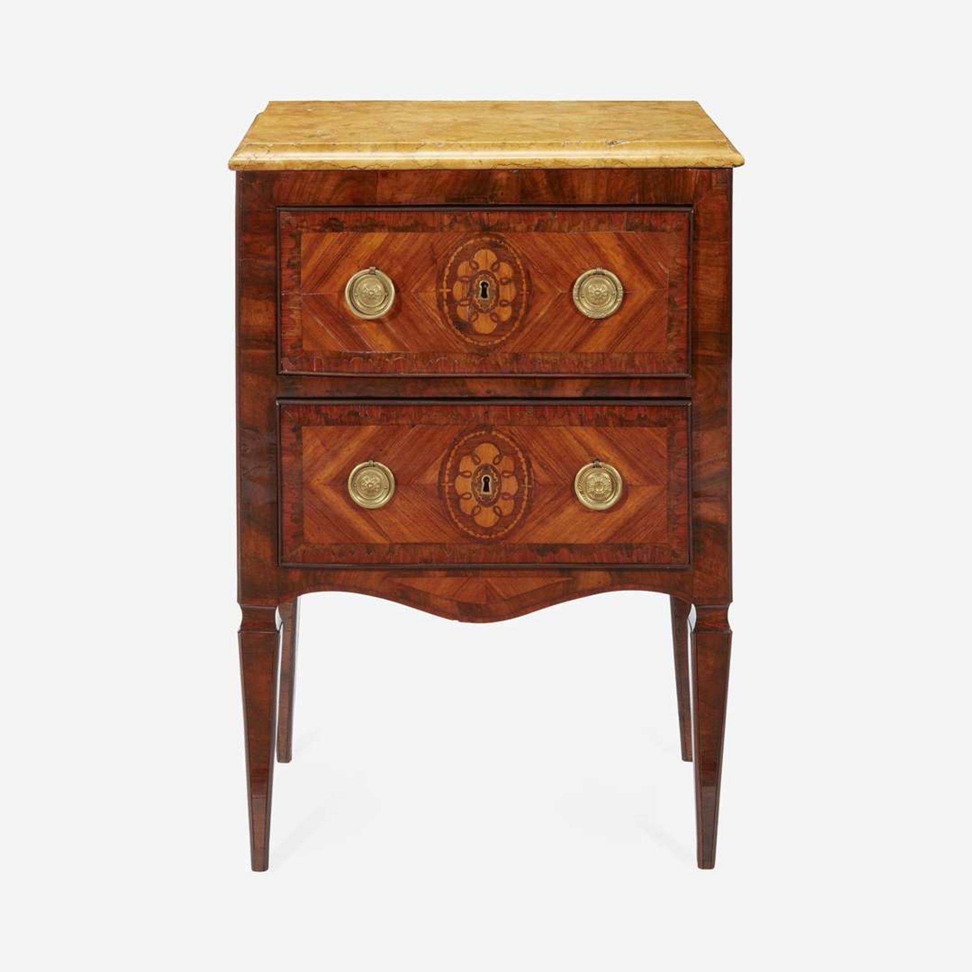 An Italian Neoclassical Walnut and Fruitwood Marquetry Side Table with Marble Top Late 18th century