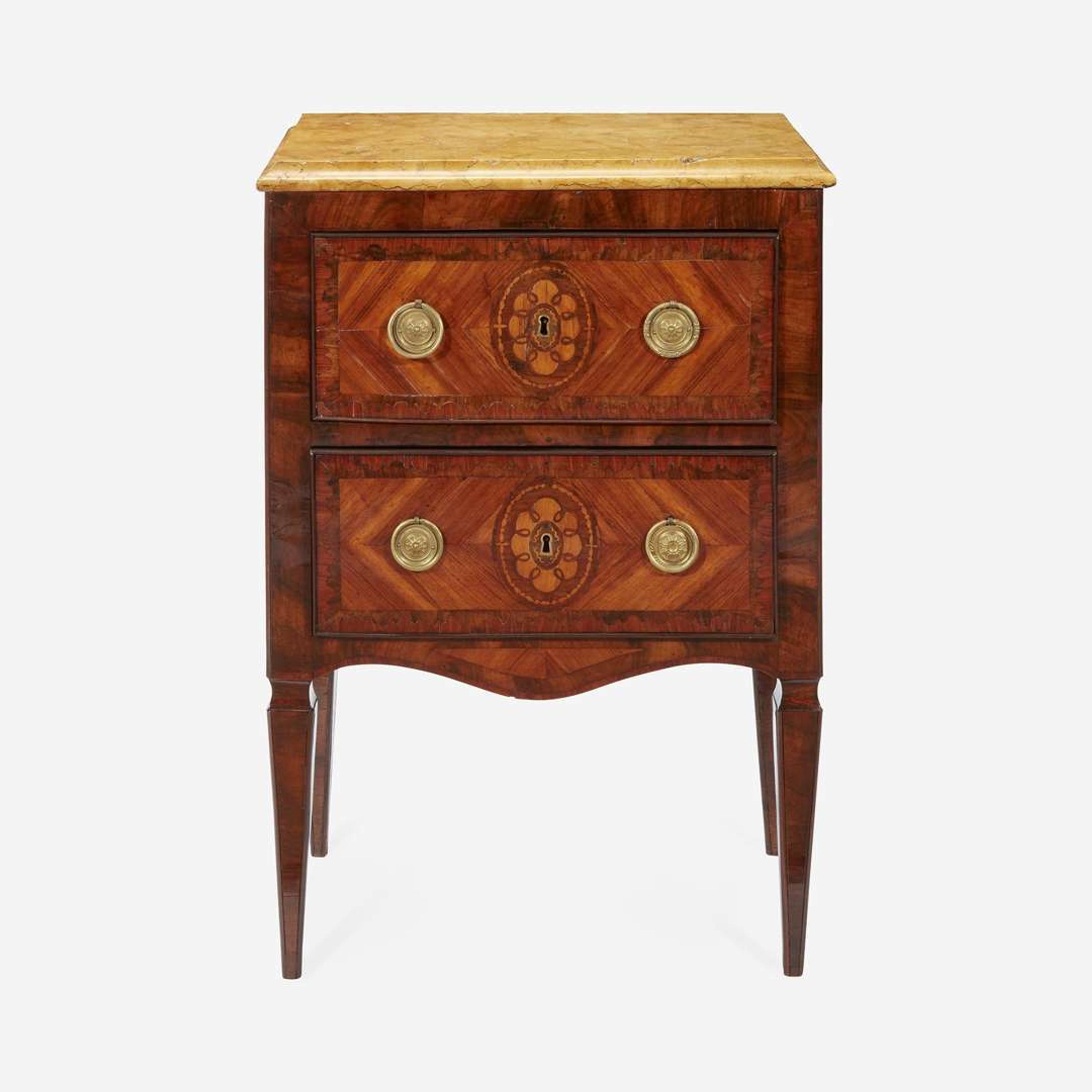 An Italian Neoclassical Walnut and Fruitwood Marquetry Side Table with Marble Top Late 18th century