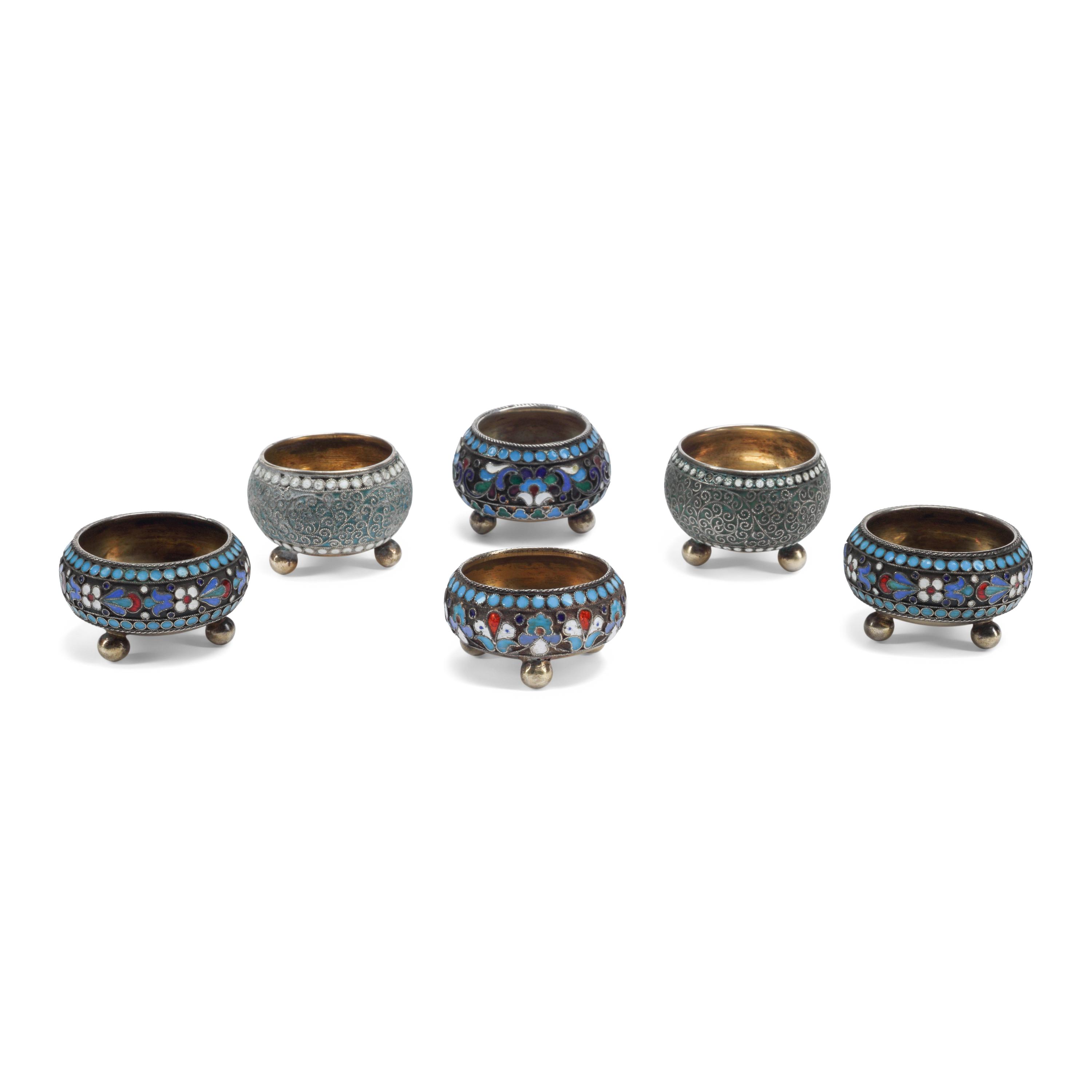 A Set of Six Russian Silver and Enamel Salts