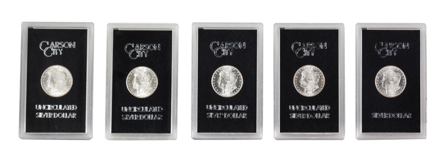 A Collection of Five GSA Carson City Silver Dollars