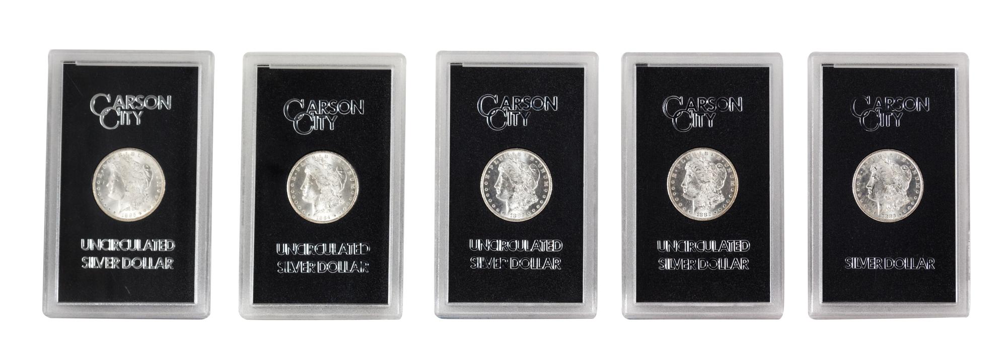 A Collection of Five GSA Carson City Silver Dollars