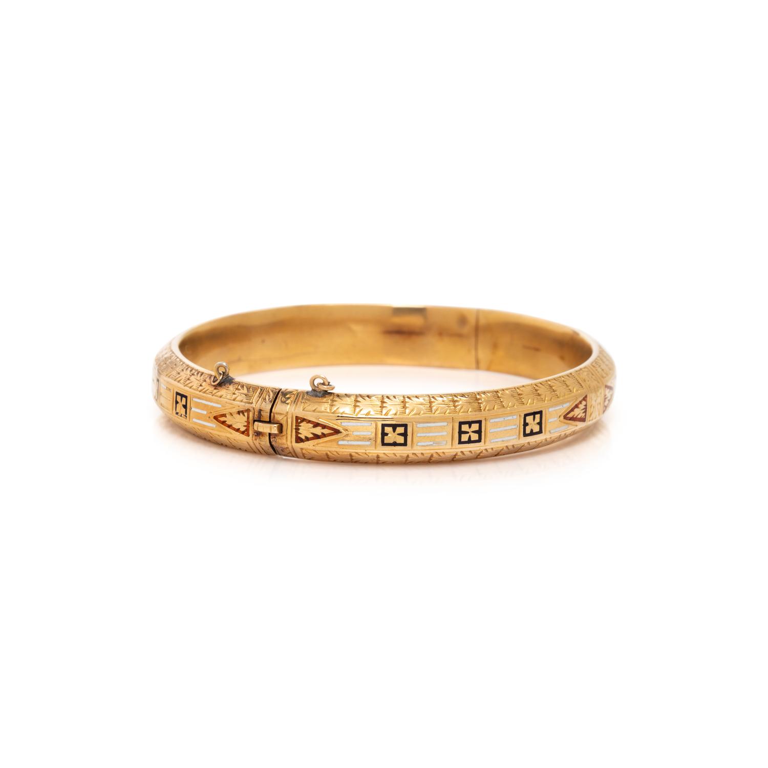ANTIQUE, YELLOW GOLD AND ENAMEL BANGLE BRACELET