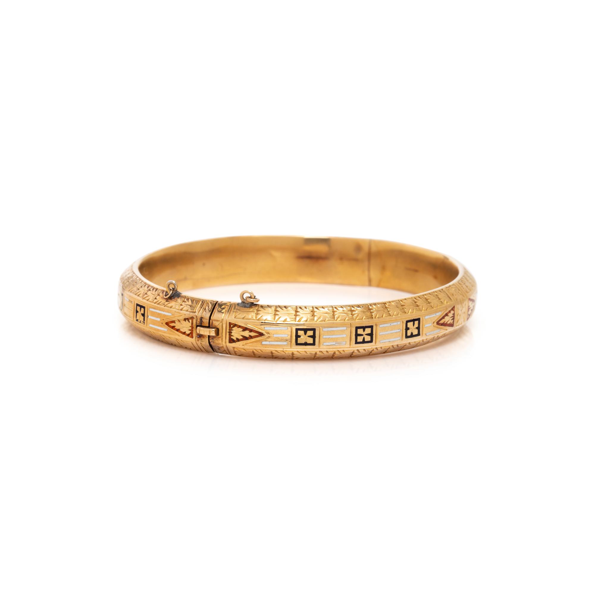 ANTIQUE, YELLOW GOLD AND ENAMEL BANGLE BRACELET
