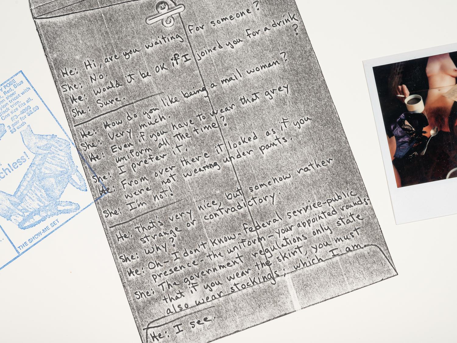 3 repro-lingual items for Bart. A stamped diagram about underware / A bar conversation about underwear / A poloroid photograph about under where.