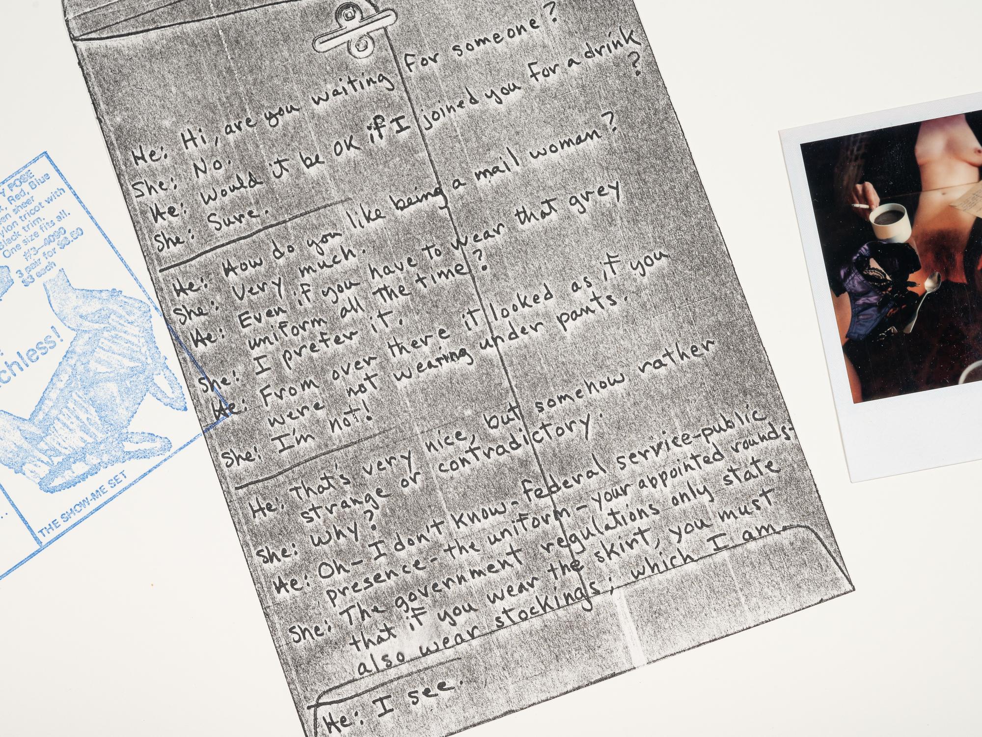 3 repro-lingual items for Bart. A stamped diagram about underware / A bar conversation about underwear / A poloroid photograph about under where.