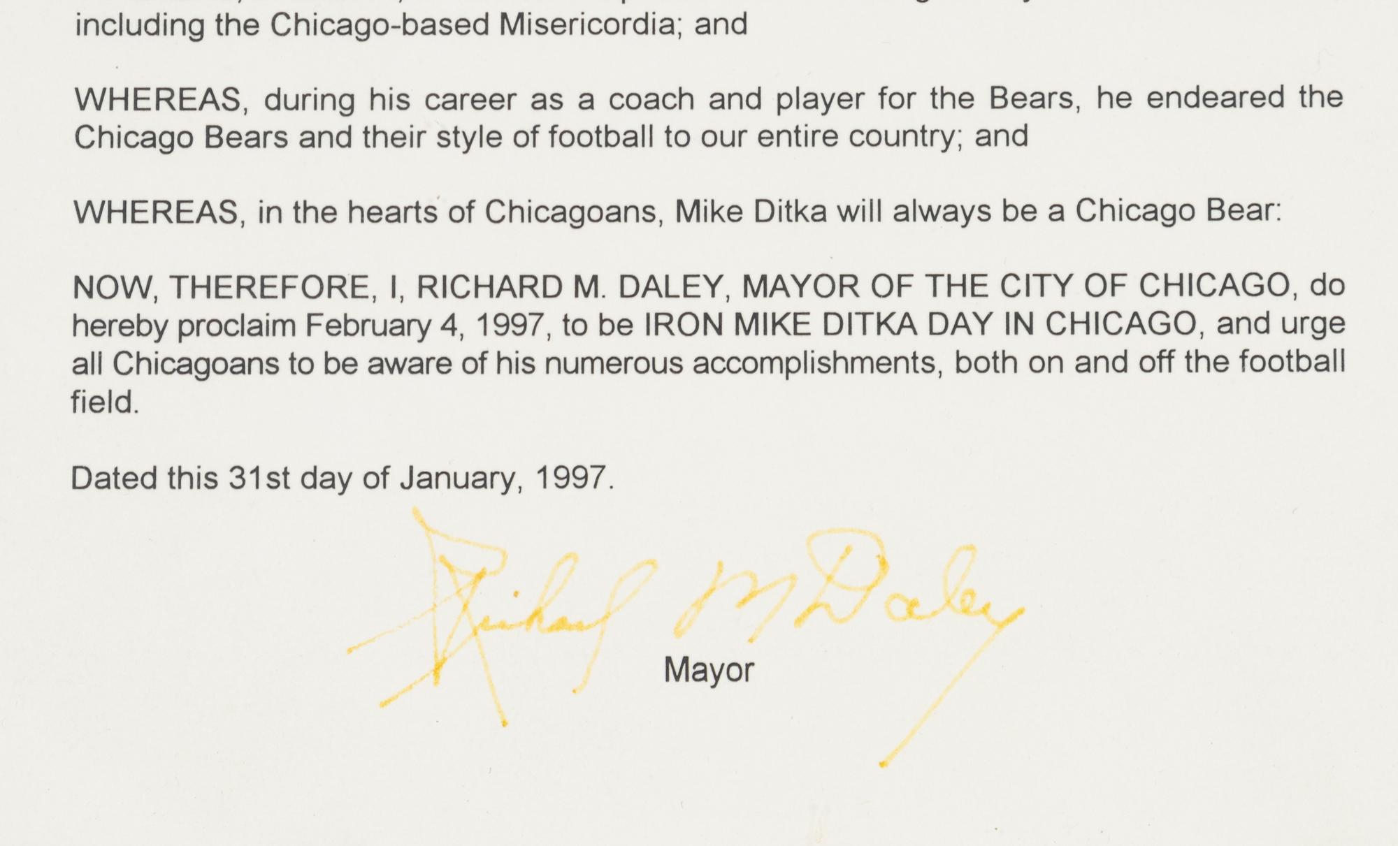 An Iron Mike Ditka Day Proclamation Formerly Displayed at Mike Ditka's Restaurant