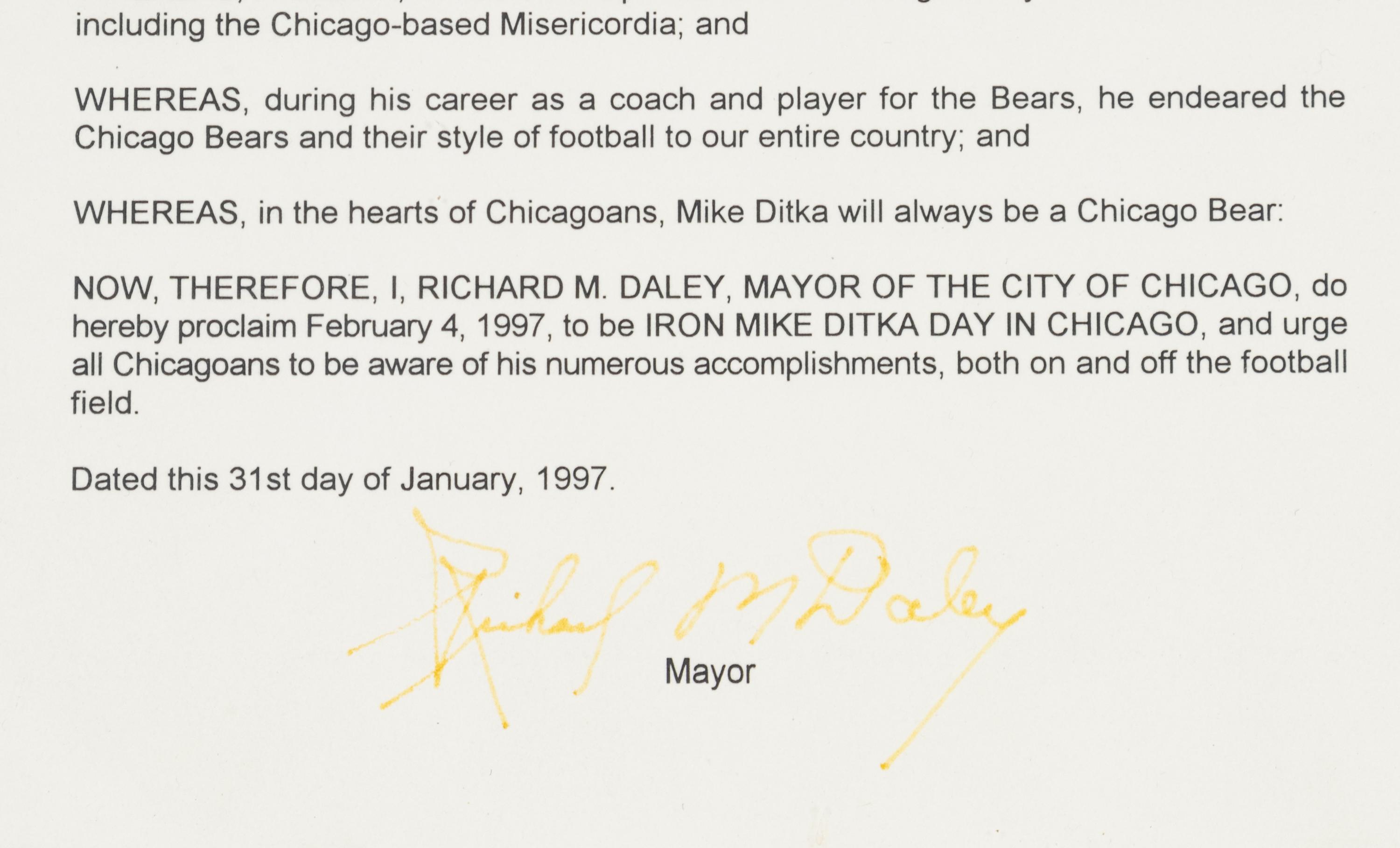 An Iron Mike Ditka Day Proclamation Formerly Displayed at Mike Ditka's Restaurant