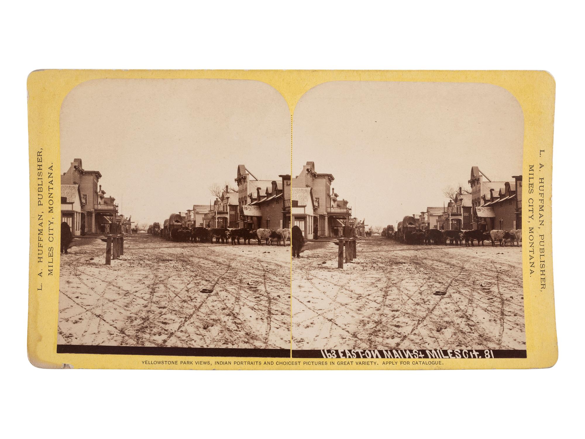 [WESTERN AMERICANA]. Stereoview of a bull train. Miles City, MT: L.A. Huffman, 1881.
