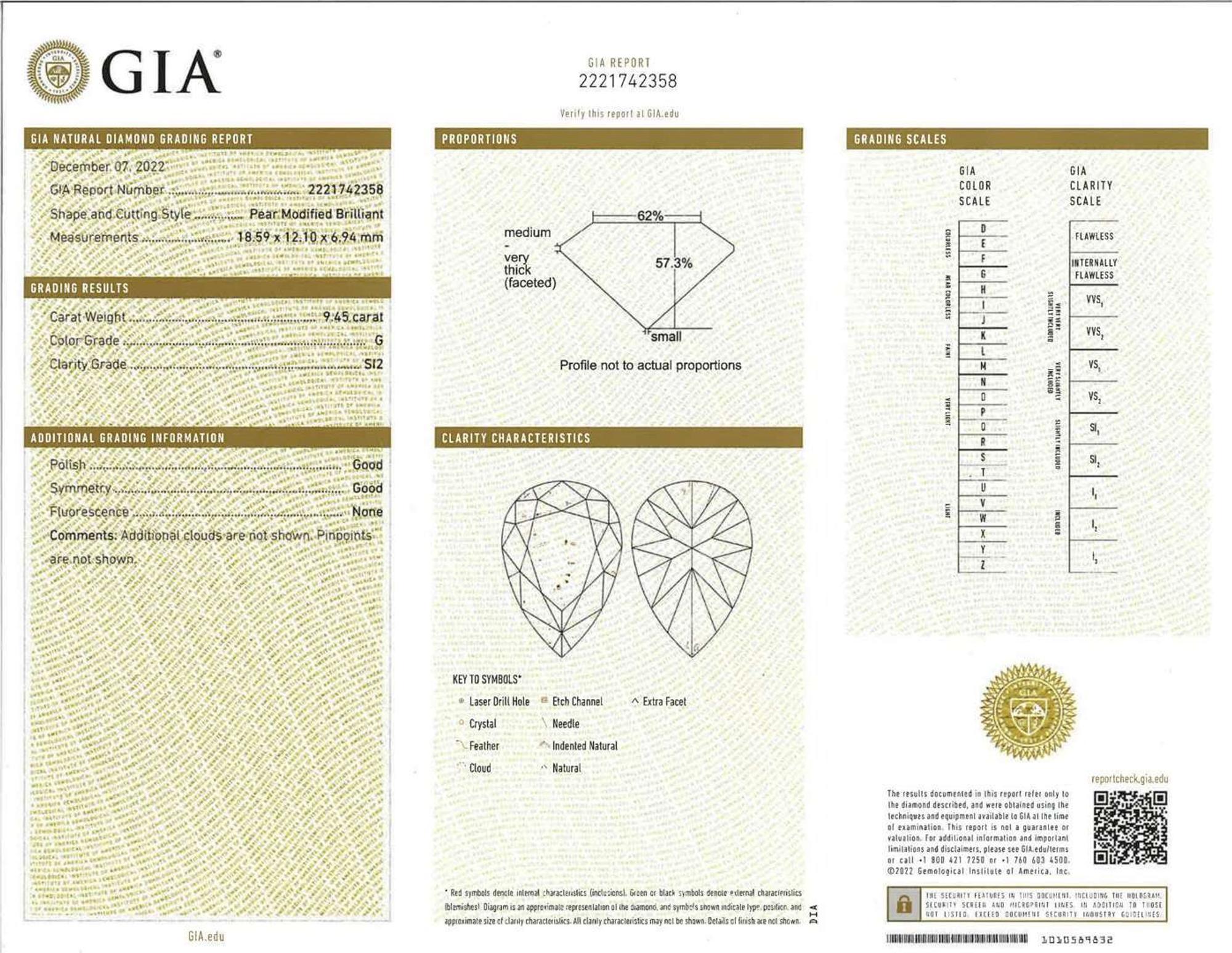 A Platinum and Diamond Ring Pear Shape 9.45 Carats, GIA Certified