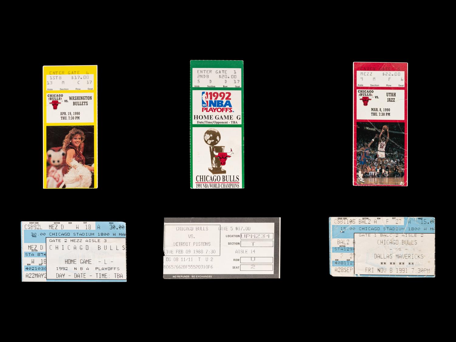 A Group of Six 1980s-90 Michael Jordan Chicago Bulls Ticket Stubs,