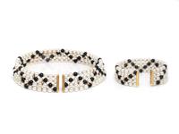 CULTURED PEARL, DIAMOND, AND ONYX NECKLACE AND CUFF BRACELET
