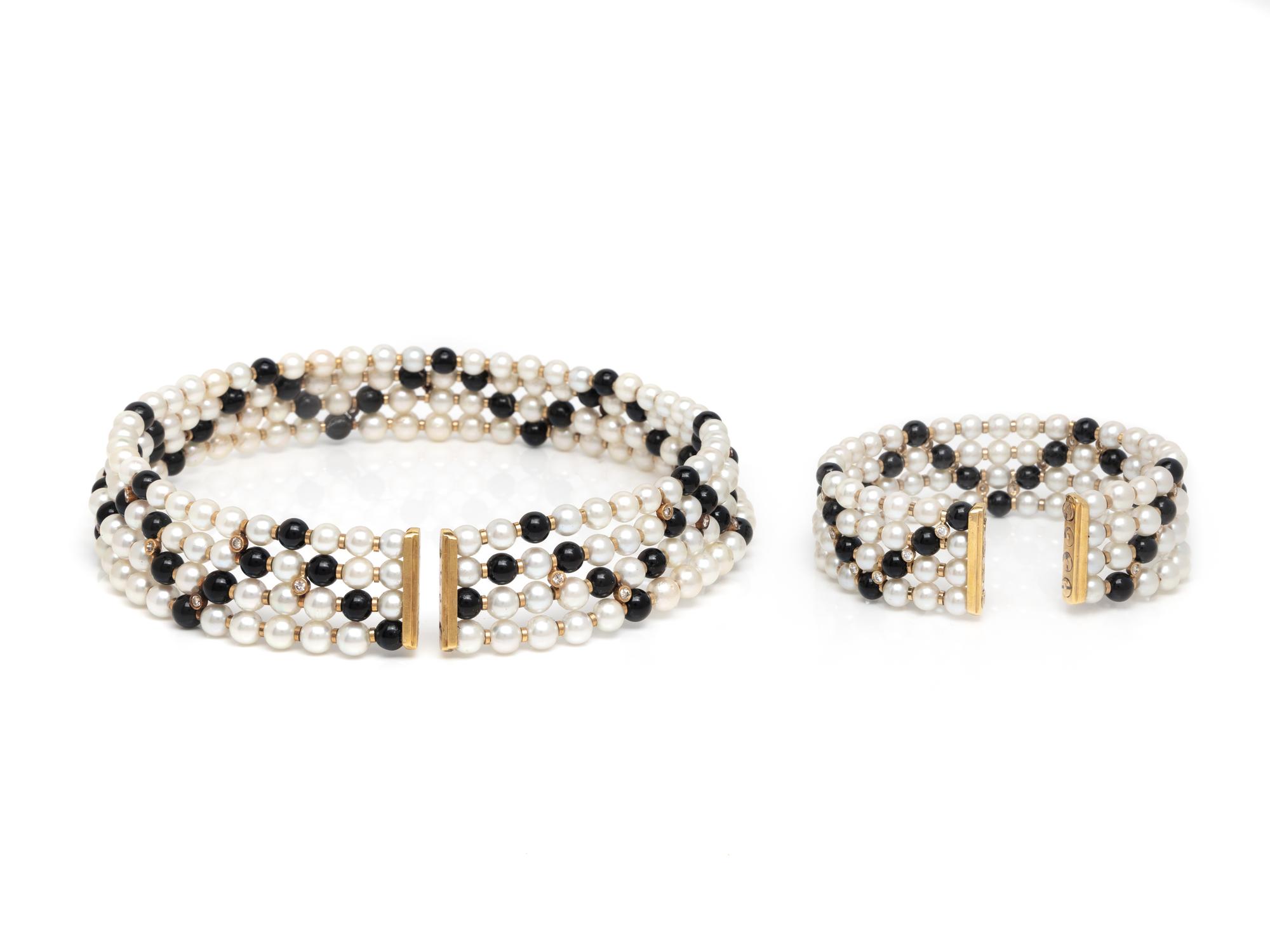 CULTURED PEARL, DIAMOND, AND ONYX NECKLACE AND CUFF BRACELET