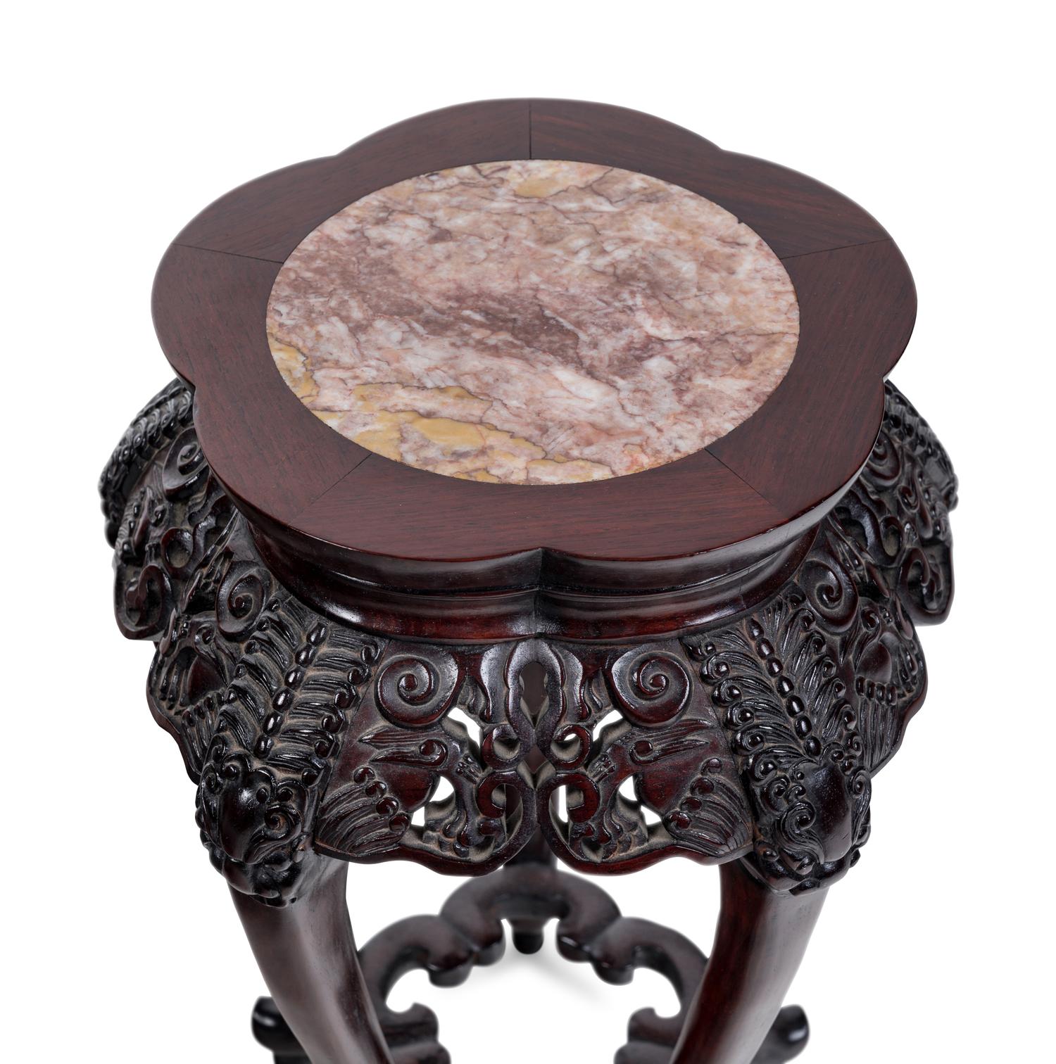 Two Chinese Marble-Inset Carved Hardwood Stands