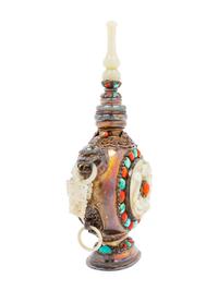 A Mongolian-Style White Jade and Hardstone Inlaid Silver Bottle Vase and Cover