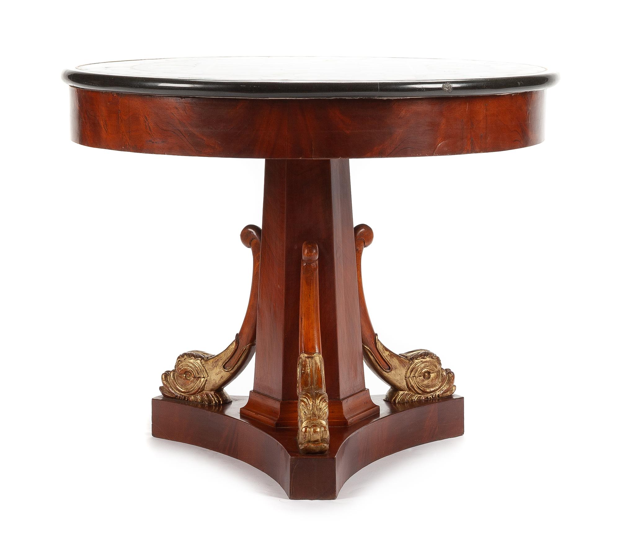 An Empire Style Parcel Gilt Mahogany and Specimen Marble Table Height 29 x diameter of top 36 inches. — LATE 19TH/EARLY 20TH CENTURY