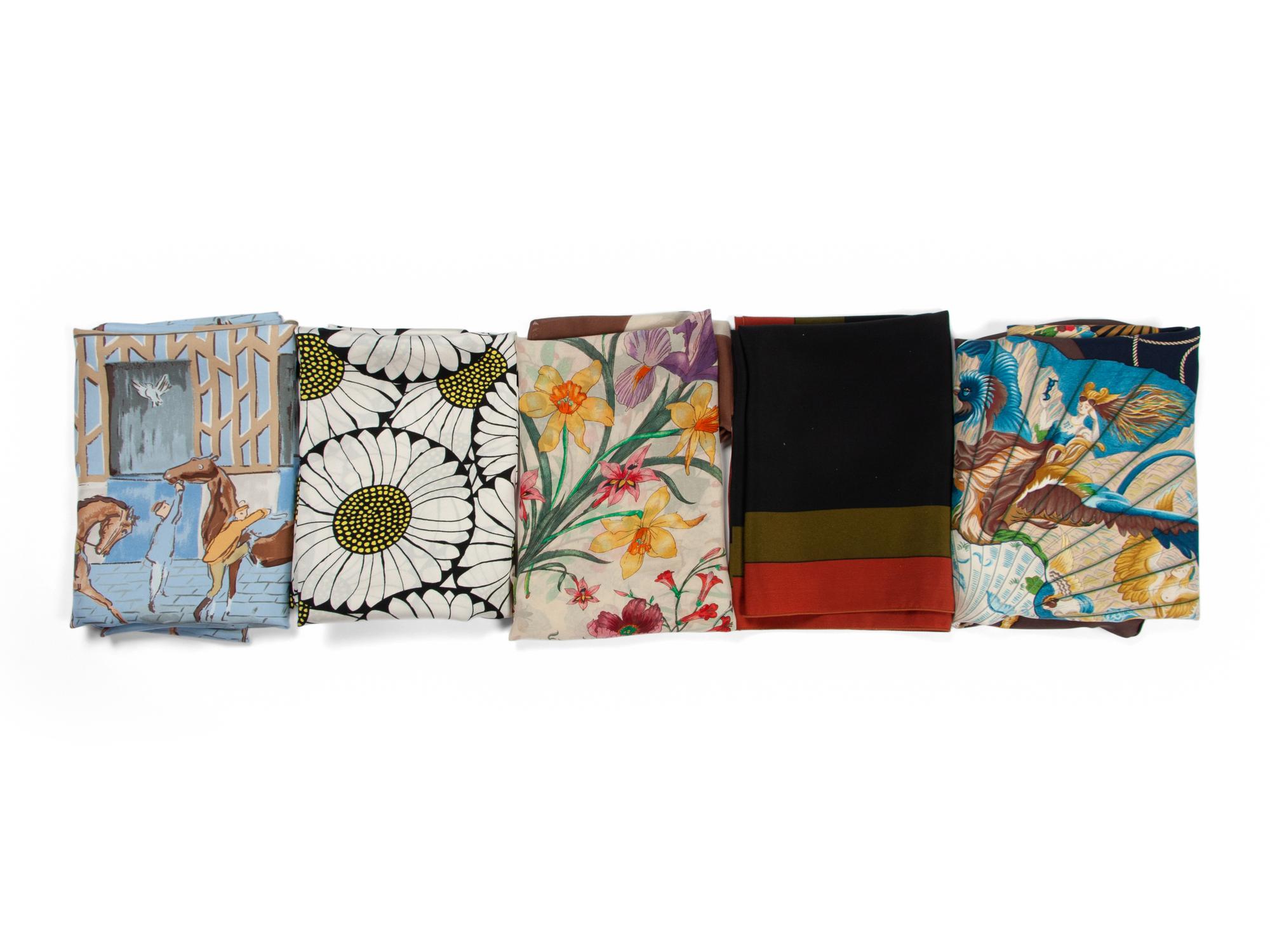Five Designer Silk Scarves: Two Hermès, Gucci, Bottega Veneta, Pierre Cardin