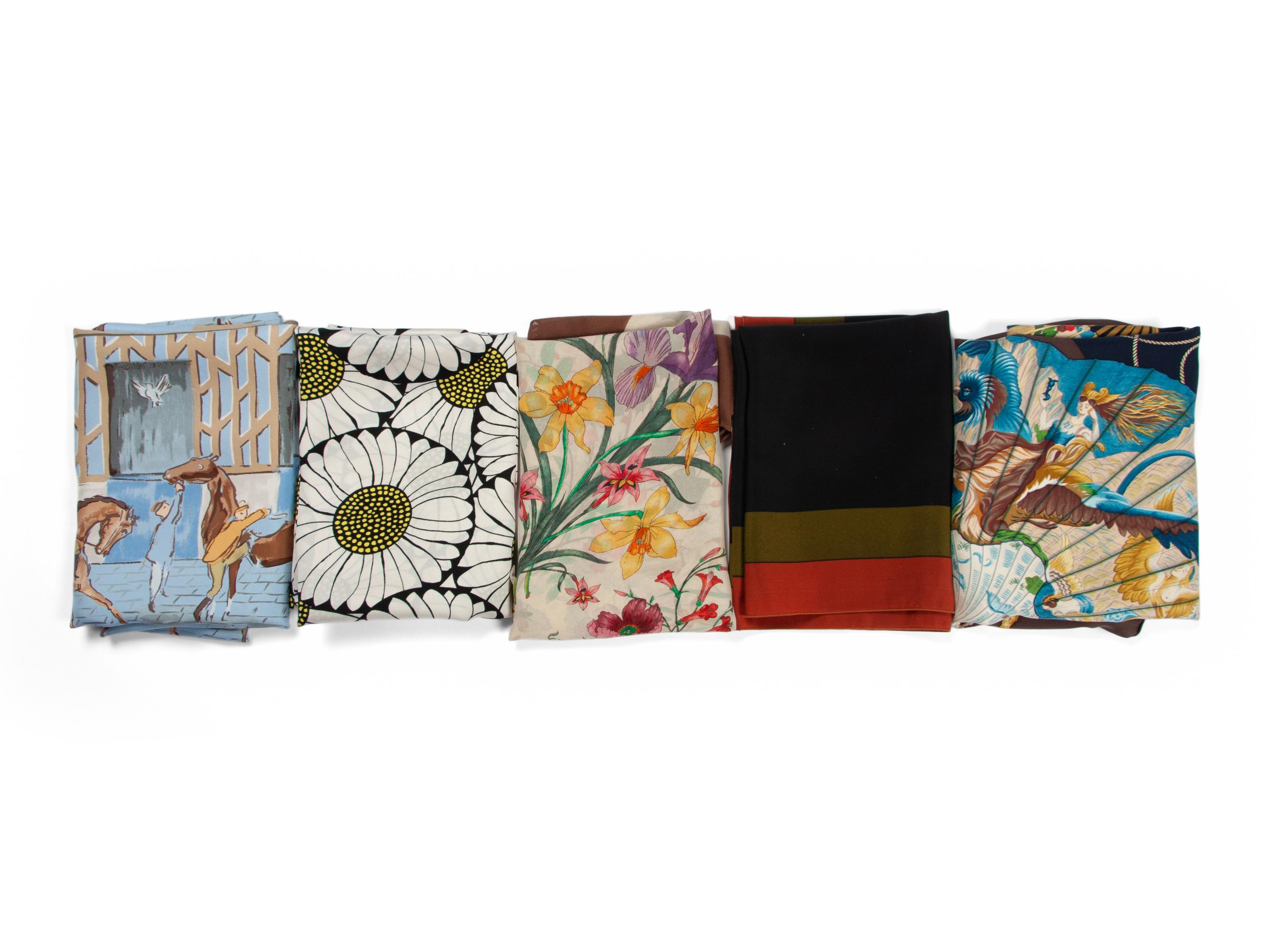 Five Designer Silk Scarves: Two Hermès, Gucci, Bottega Veneta, Pierre Cardin