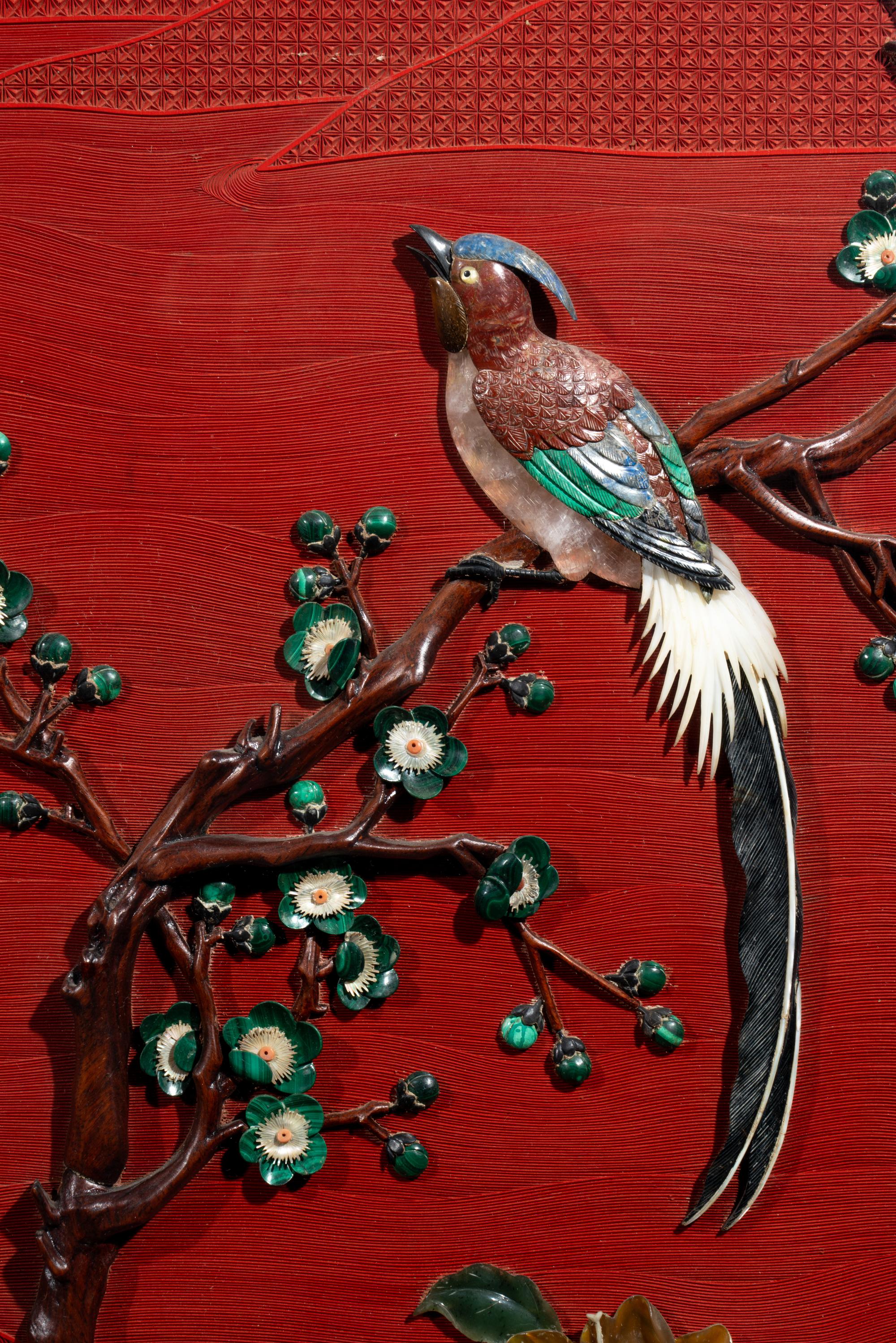 A Pair of Chinese Cinnabar Lacquered Ground Hardstone Inlaid Hanging Screens
