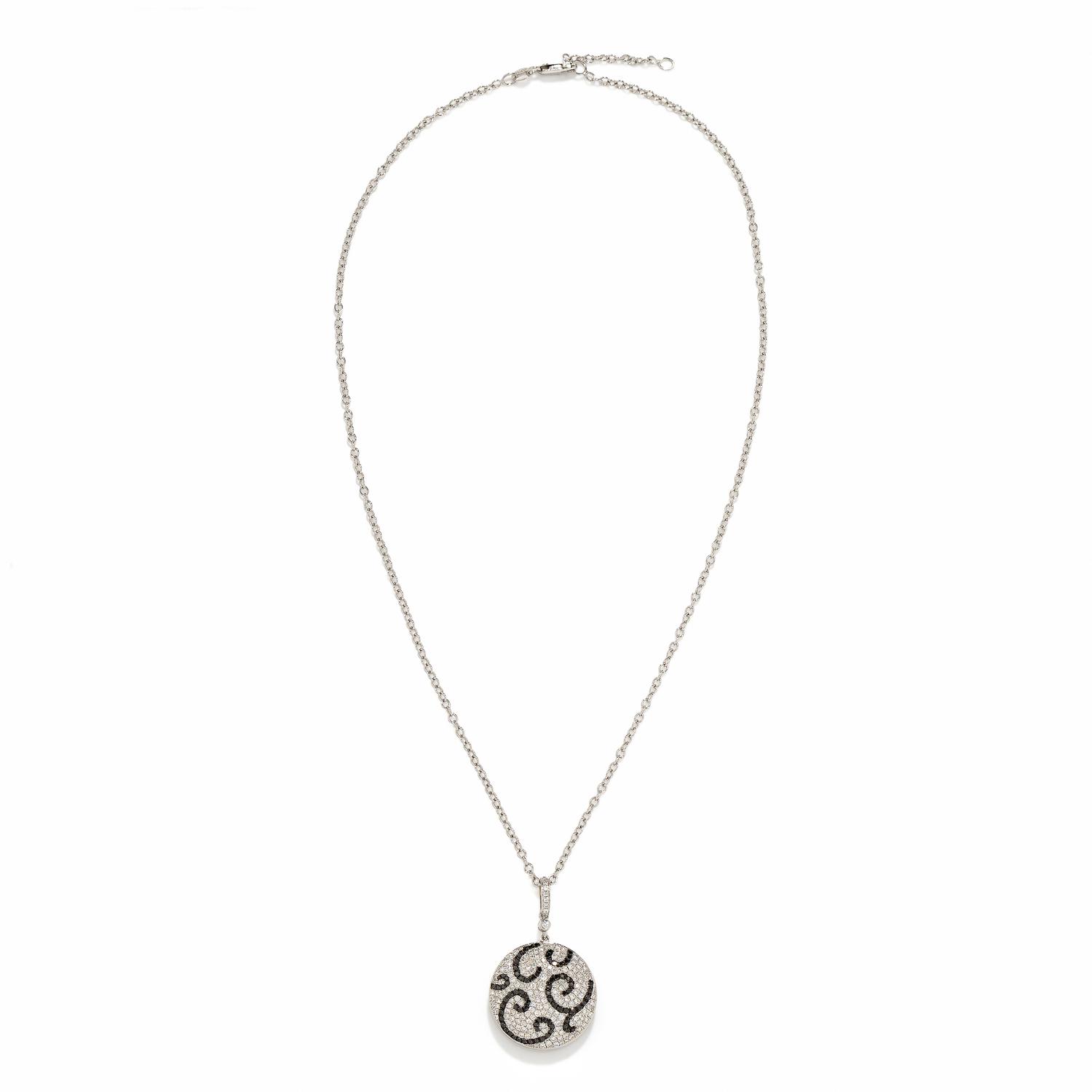 DIAMOND, BLACK DIAMOND, AND WHITE GOLD PENDANT NECKLACE