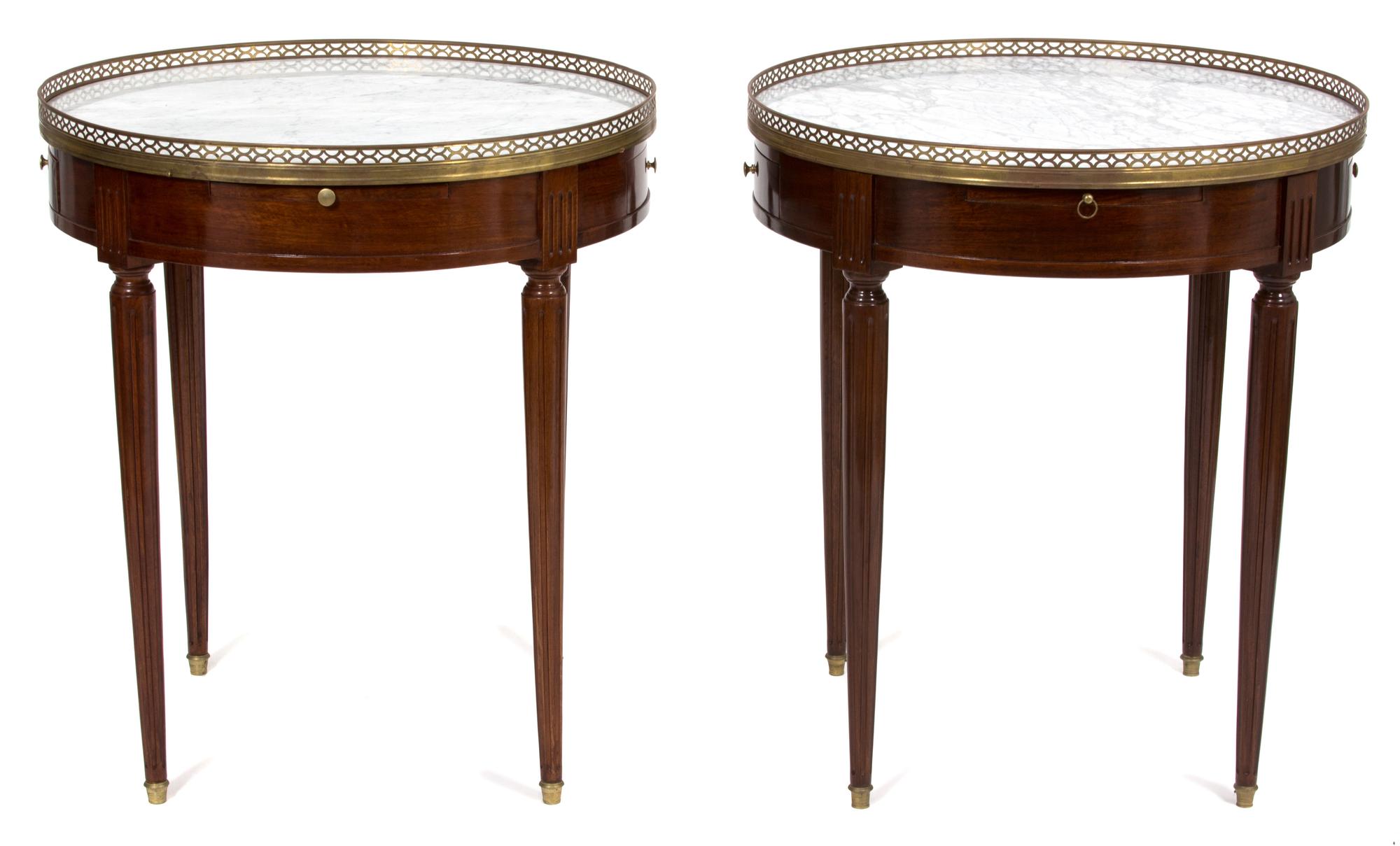 A Pair of Louis XVI Style Marble Top Gueridon Tables Height 29 x diameter 25 1/2 inches. — LATE 19TH CENTURY