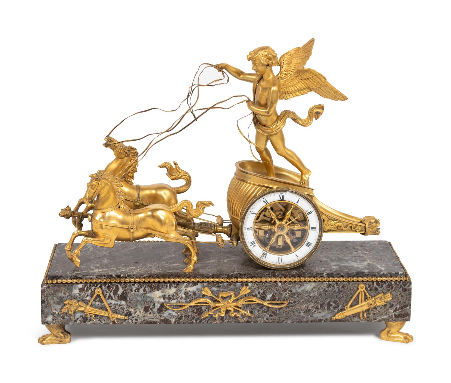 A Directoire Gilt-Bronze Mounted Marble Chariot Clock