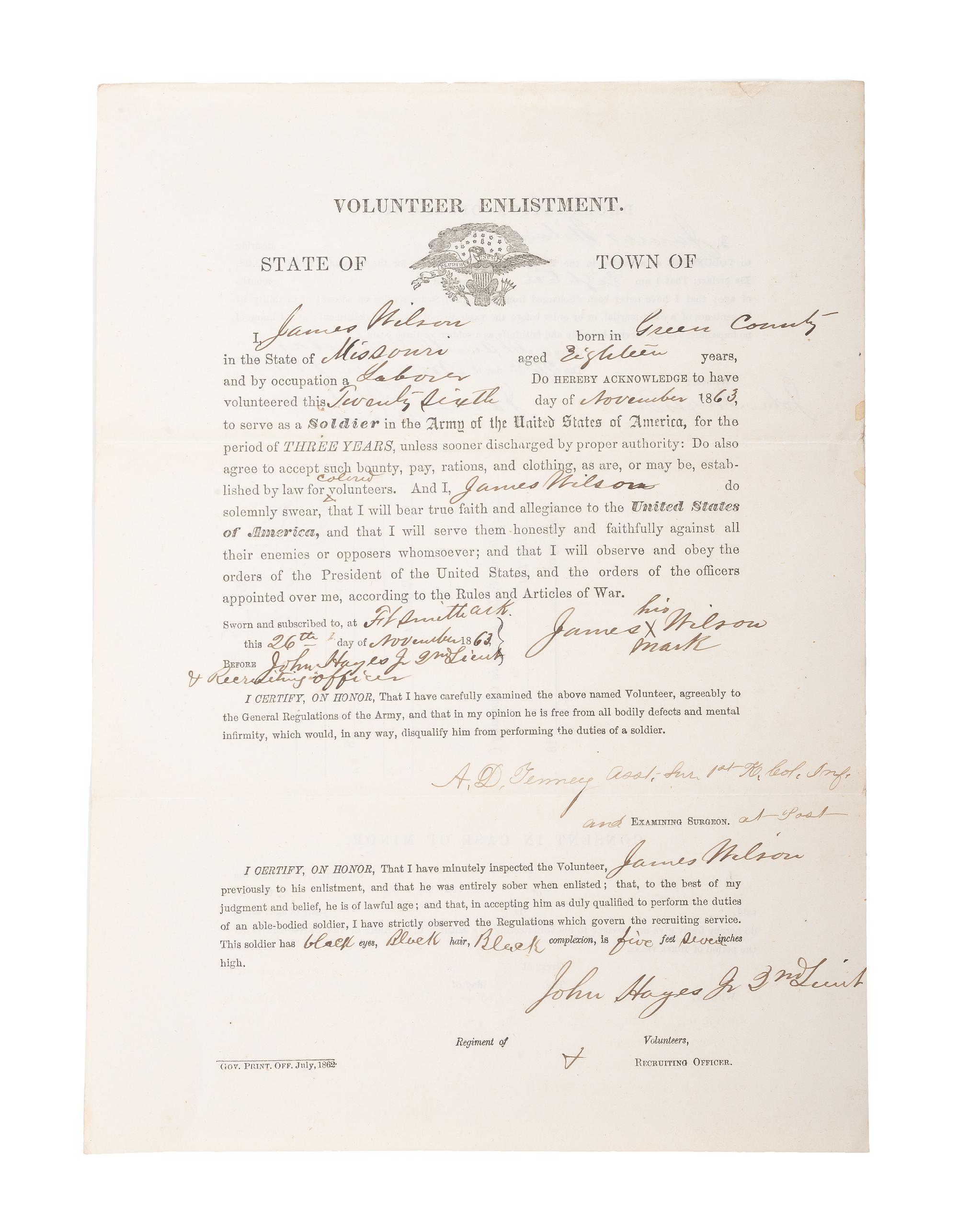 [CIVIL WAR]. WILSON, James (b. ca 1845). Partly printed volunteer enlistment document, 1st Kansas Colored Infantry, later 79th USCT. Fort Smith, AR, 25 November 1863.