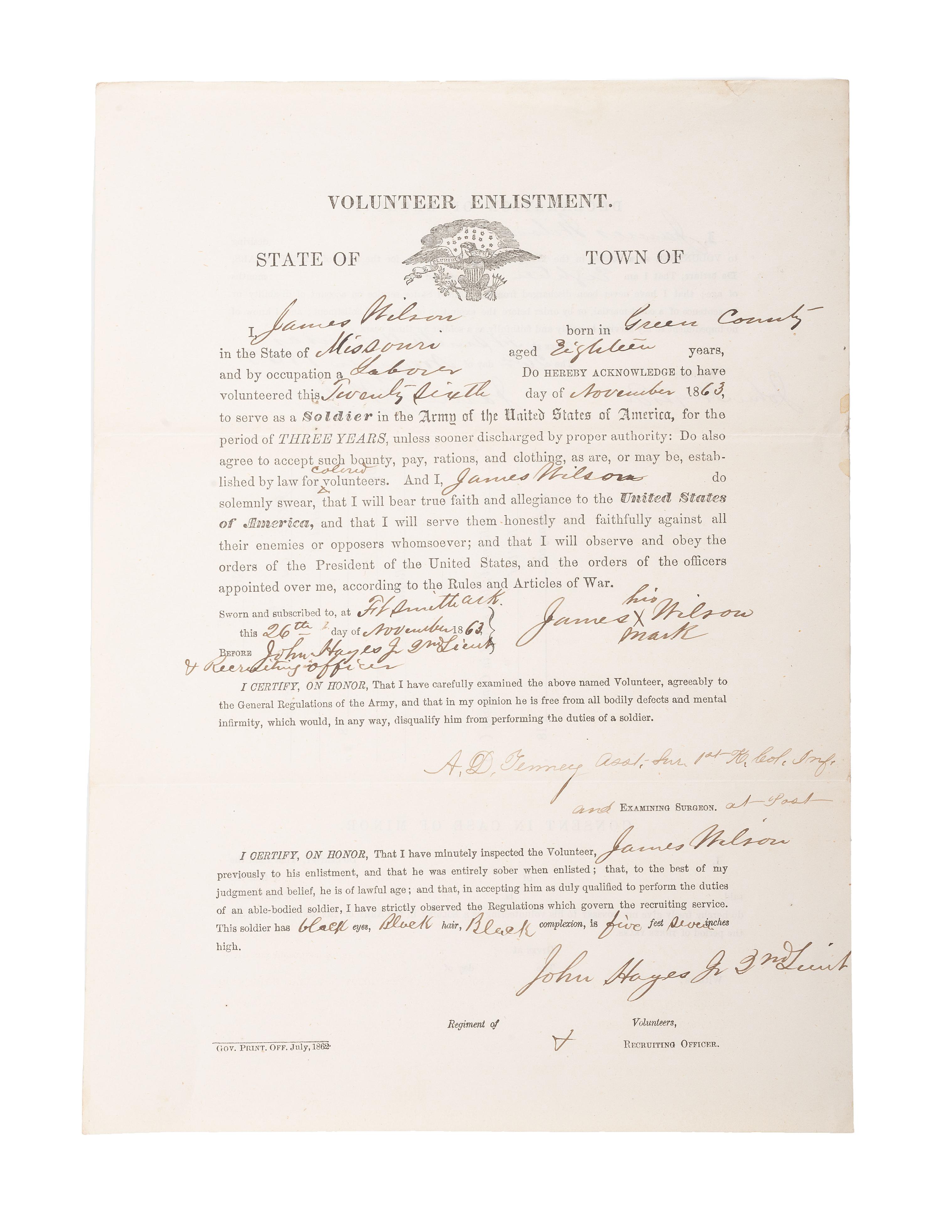 [CIVIL WAR]. WILSON, James (b. ca 1845). Partly printed volunteer enlistment document, 1st Kansas Colored Infantry, later 79th USCT. Fort Smith, AR, 25 November 1863.