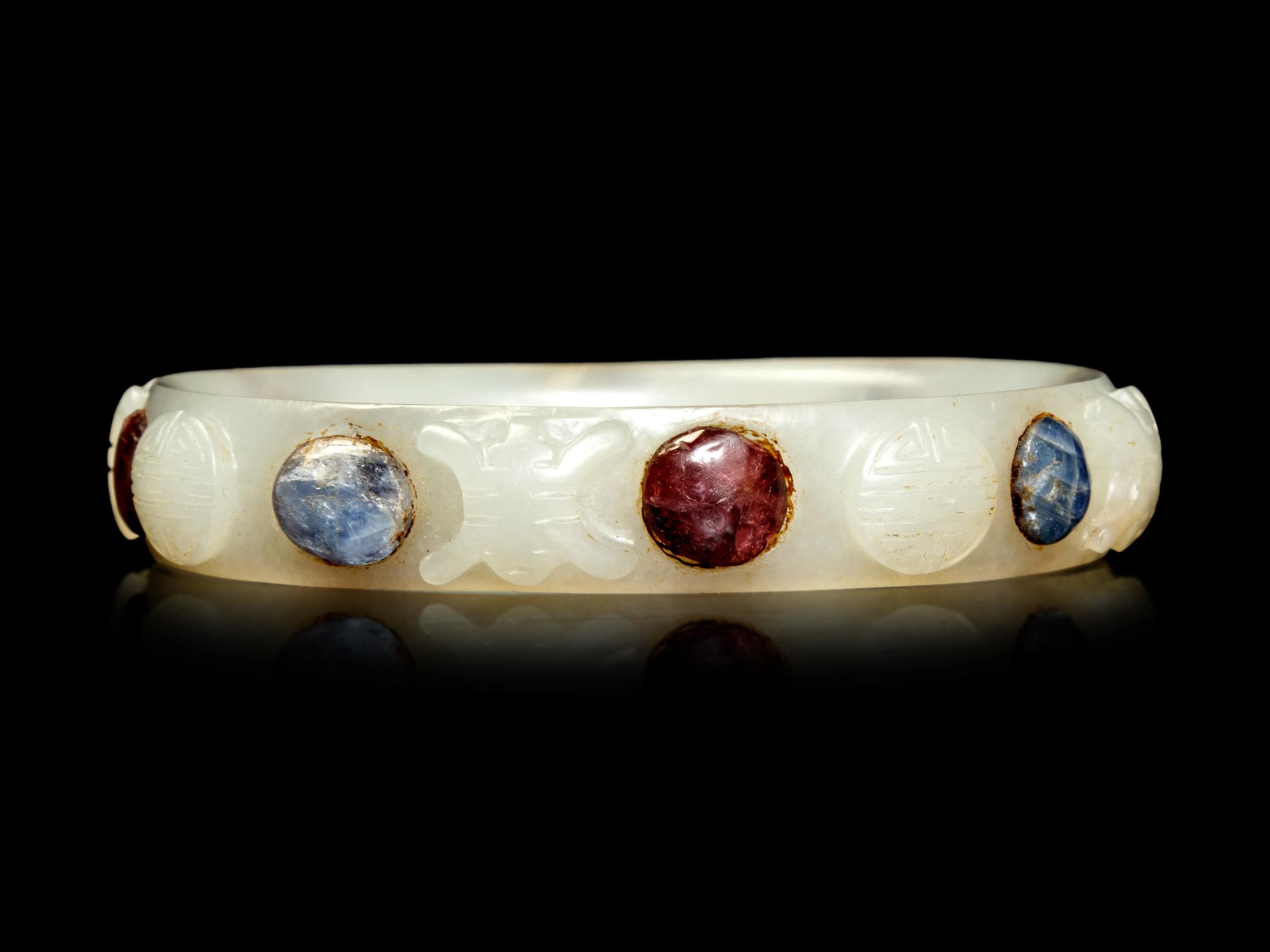 A Hardstone Inset White Jade Bangle