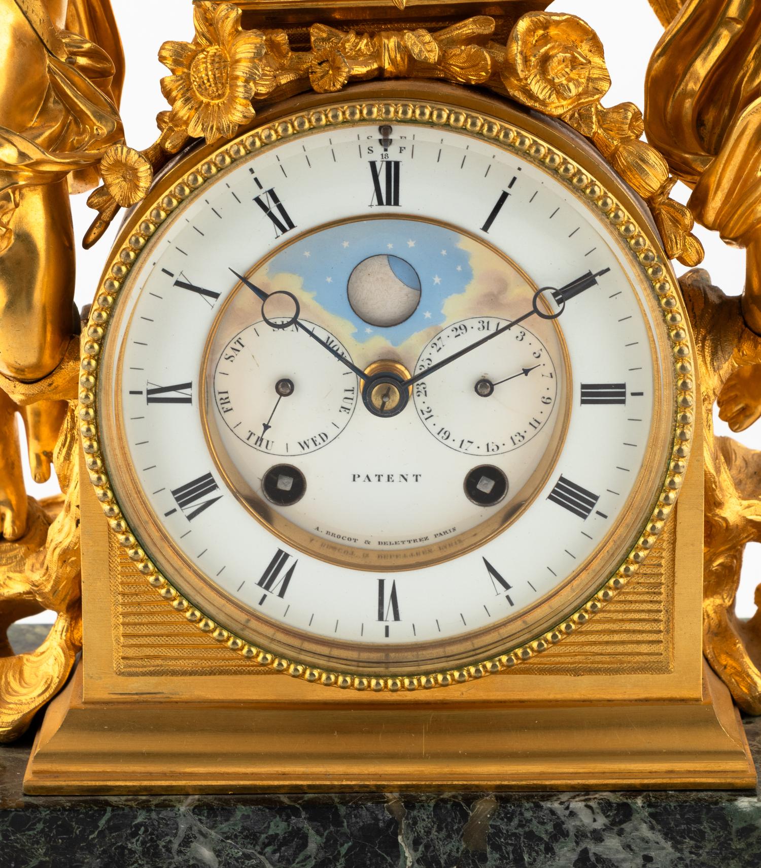 A Continental Gilt Bronze and Marble Figural Mantel Clock