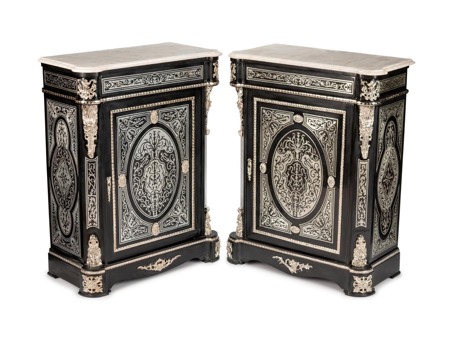 A Pair of Louis XVI Style Pewter-Inlaid Ebonized Muebles d'Appui
