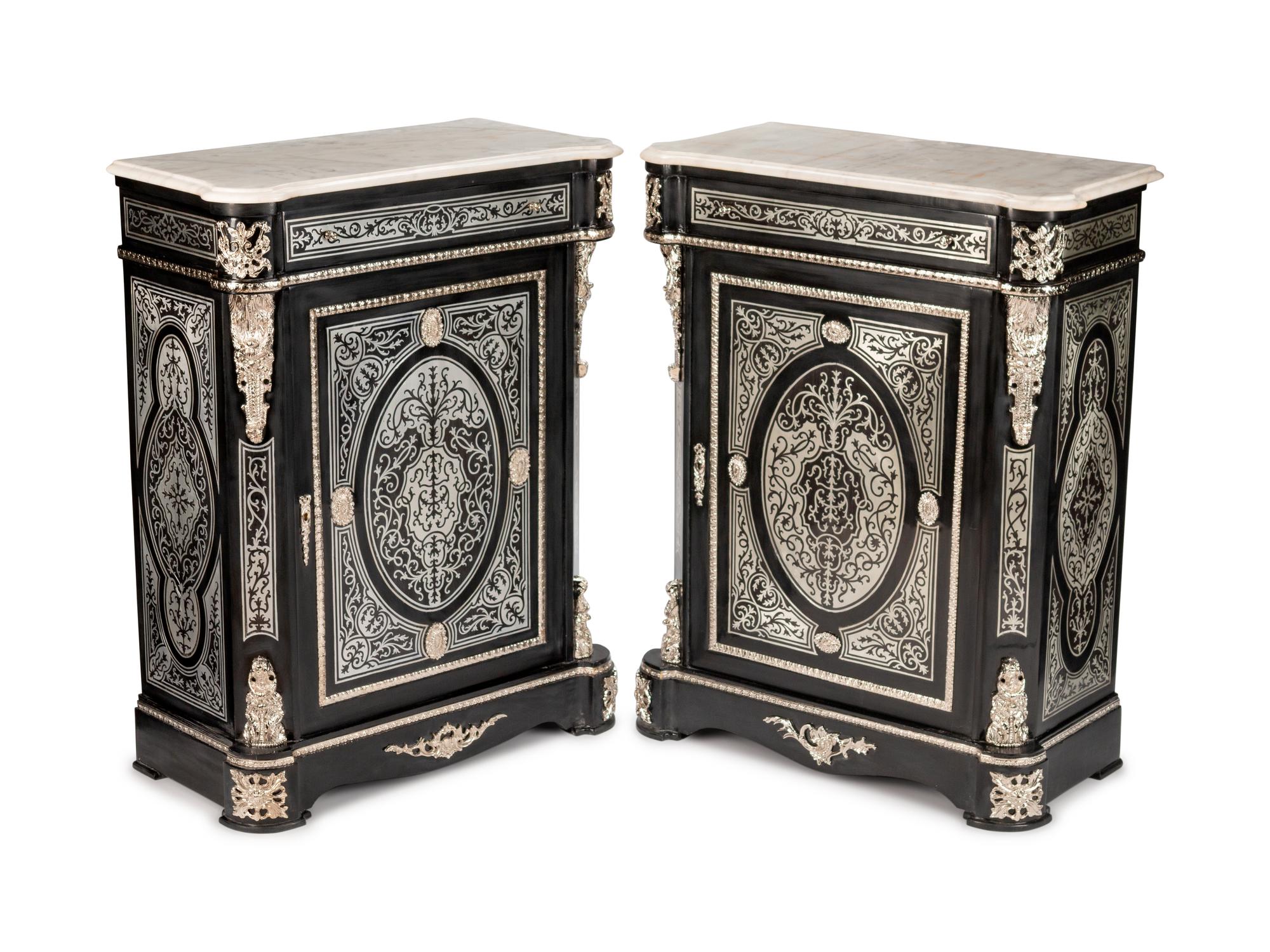 A Pair of Louis XVI Style Pewter-Inlaid Ebonized Muebles d'Appui
