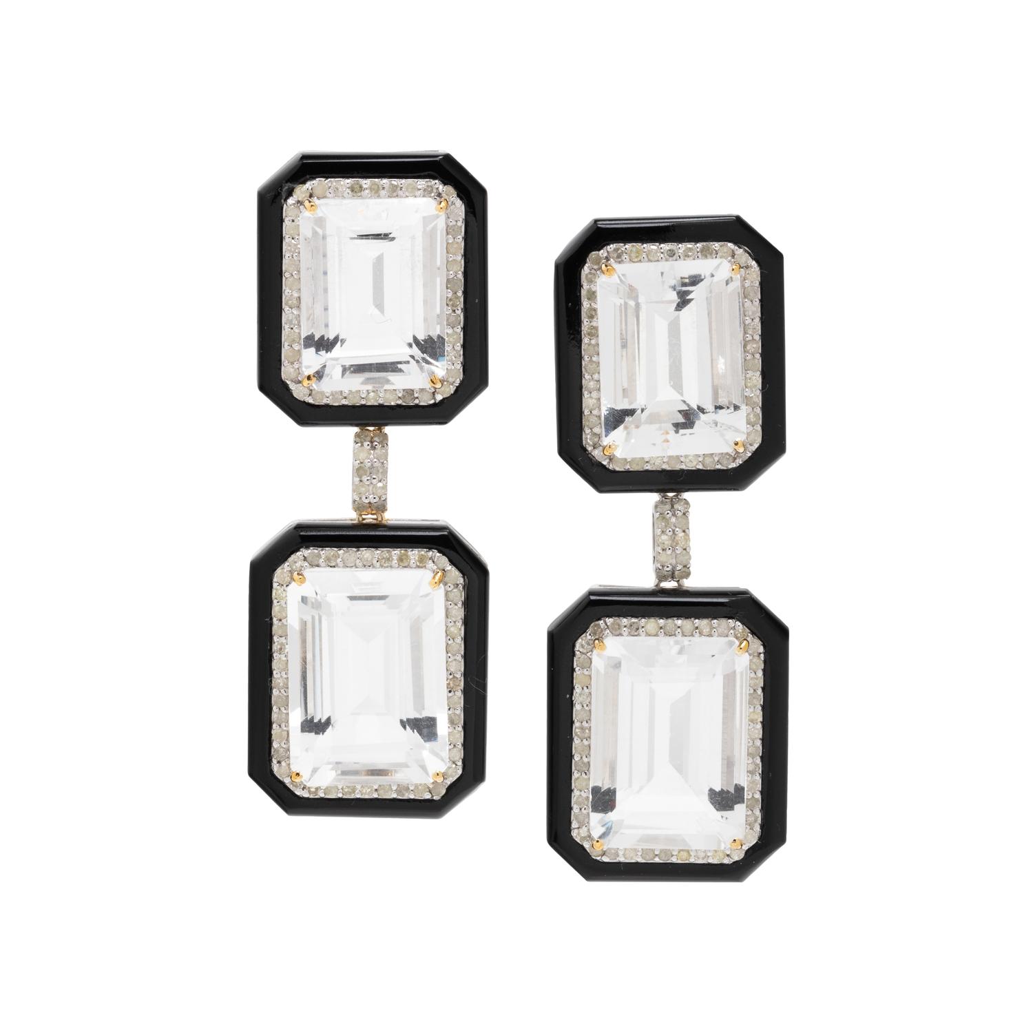 ROCK CRYSTAL, ONYX AND DIAMOND EARRINGS
