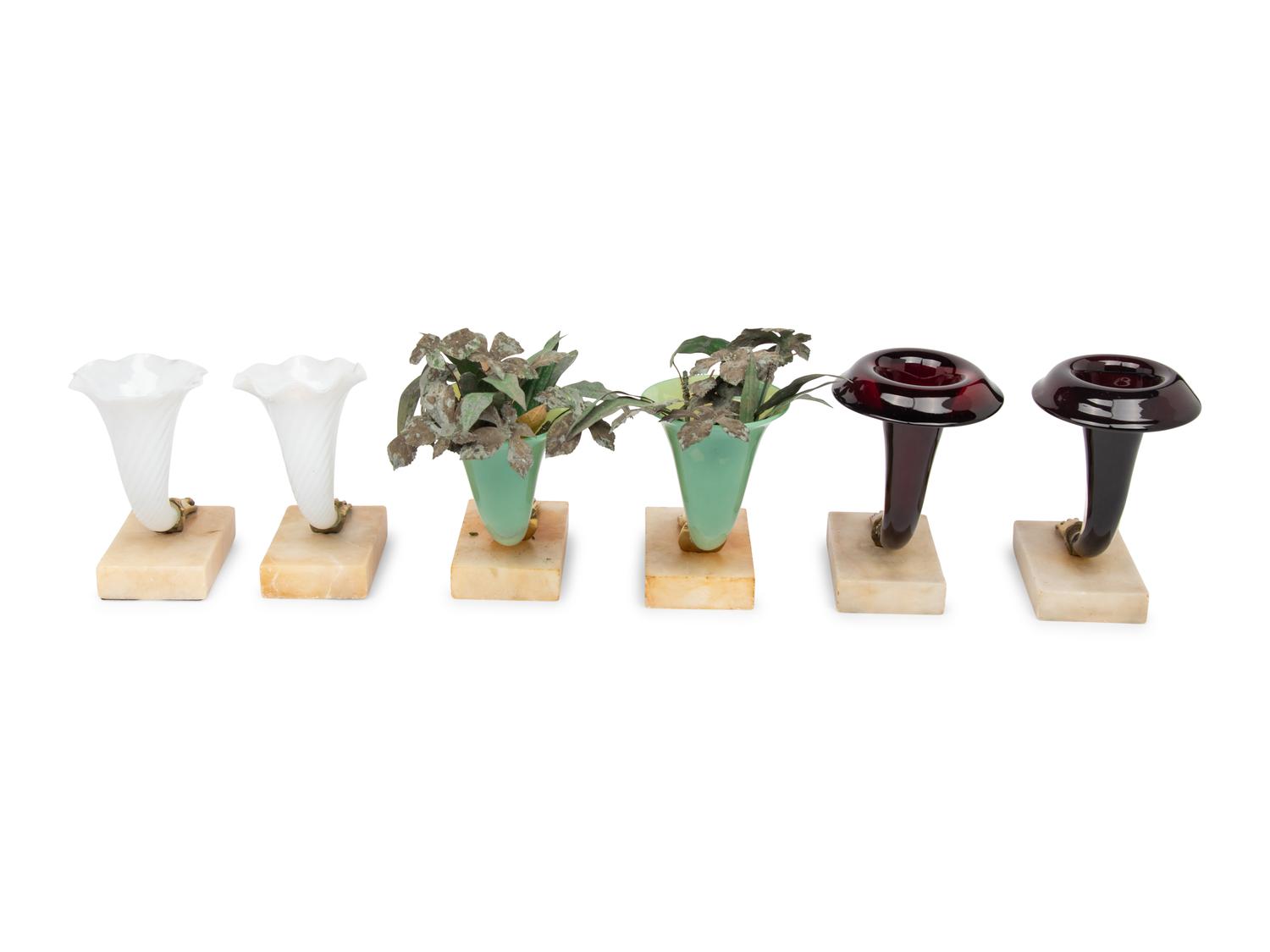 Three Pairs of Continental Gilt Metal Mounted Glass Rhyton Vases