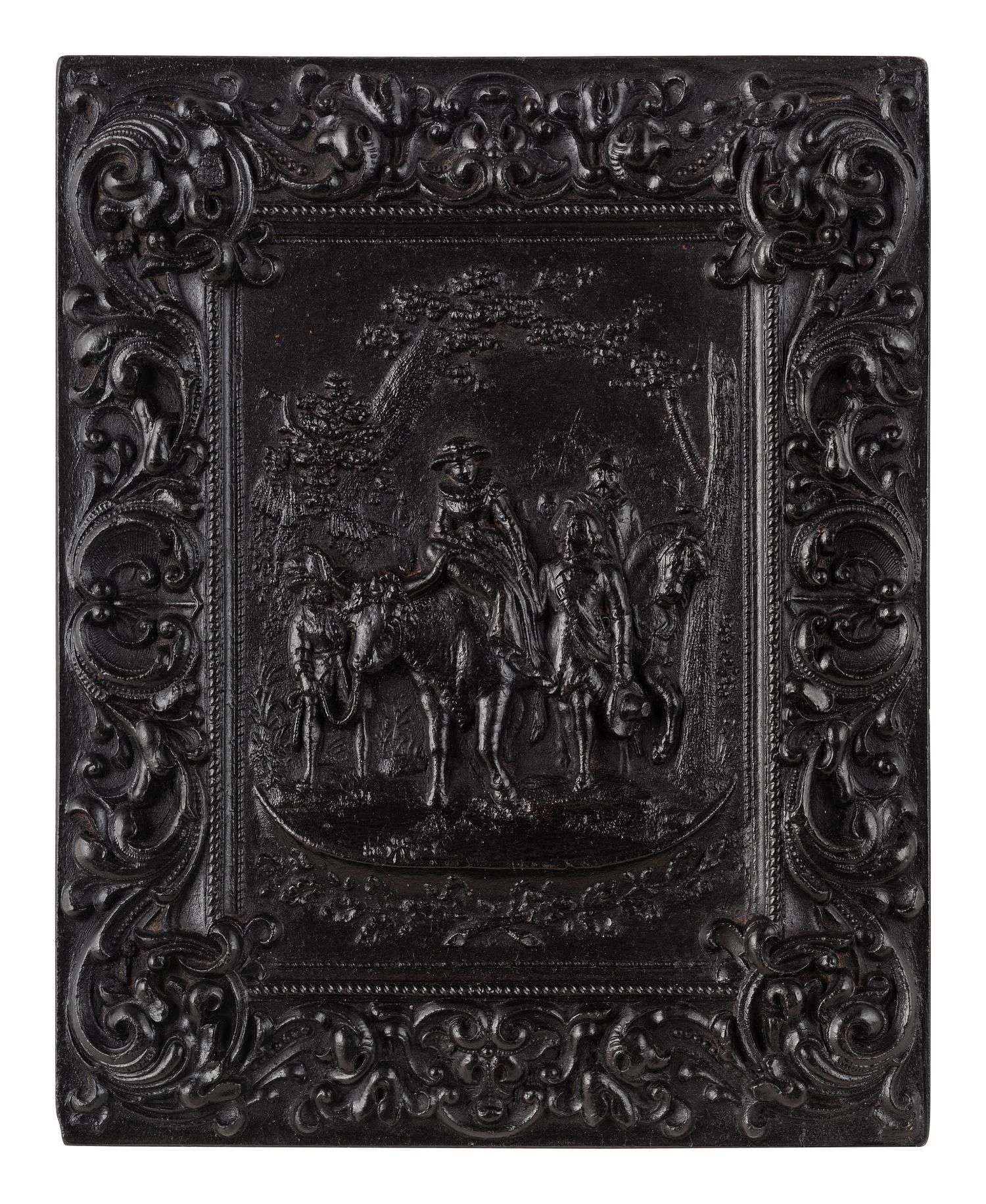 [EARLY PHOTOGRAPHY]. 3 half plate figural Union cases, one containing tintype of a wedding couple.