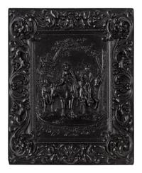 [EARLY PHOTOGRAPHY]. 3 half plate figural Union cases, one containing tintype of a wedding couple.