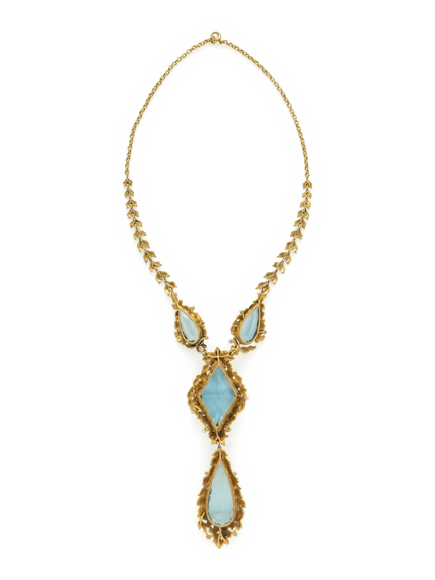 AQUAMARINE, SEED PEARL, AND YELLOW GOLD NECKLACE