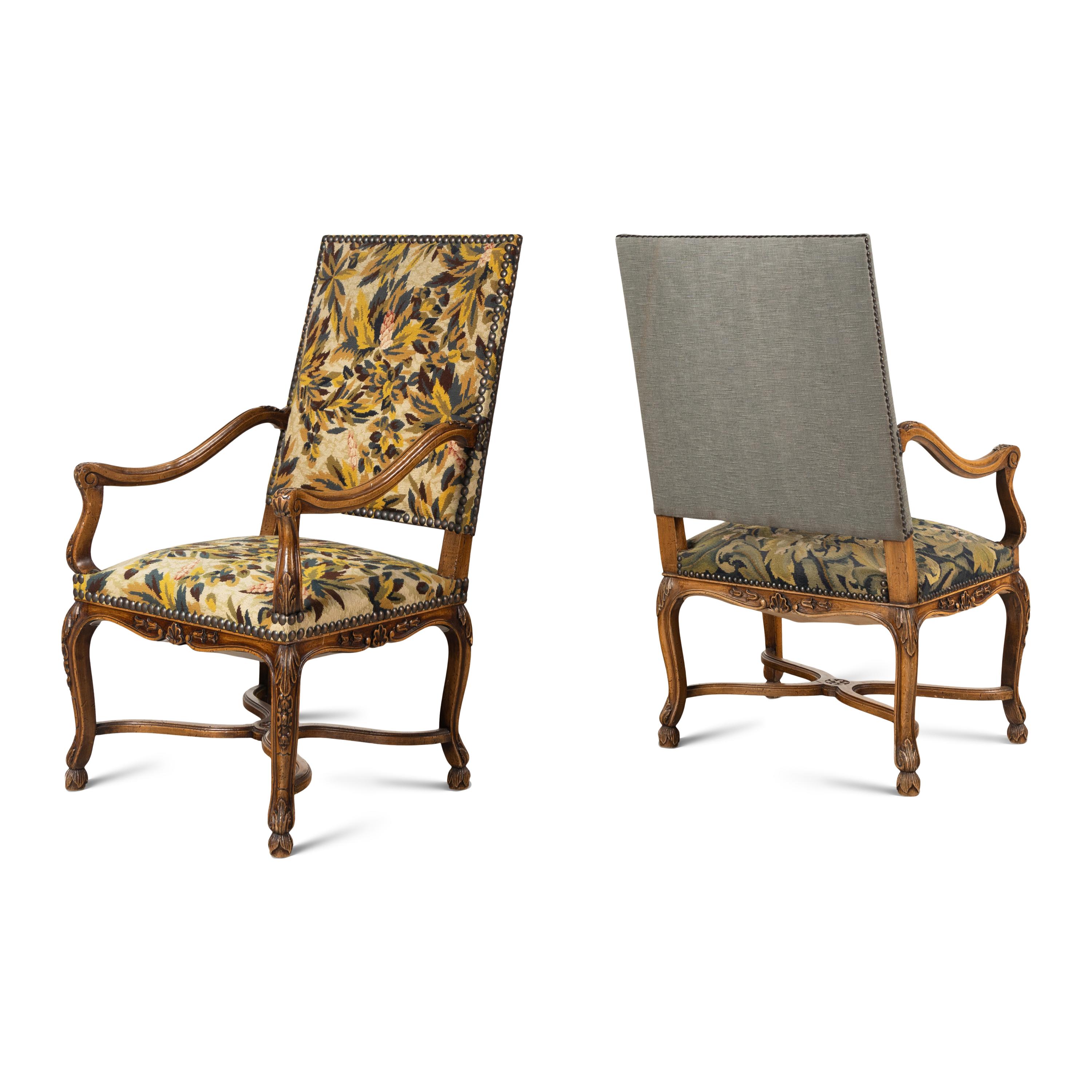 A Pair of French Baroque Style Walnut Armchairs