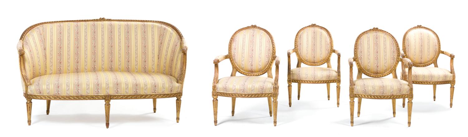 A Louis XVI Style Giltwood Parlor Suite, Width of canape 63 1/2 inches.