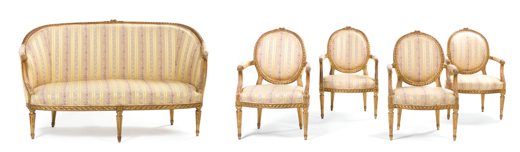 A Louis XVI Style Giltwood Parlor Suite, Width of canape 63 1/2 inches.