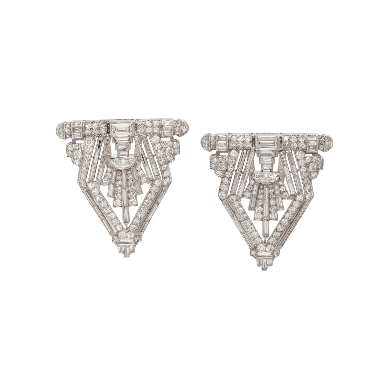 ART DECO, PLATINUM AND DIAMOND DOUBLE CLIP BROOCH