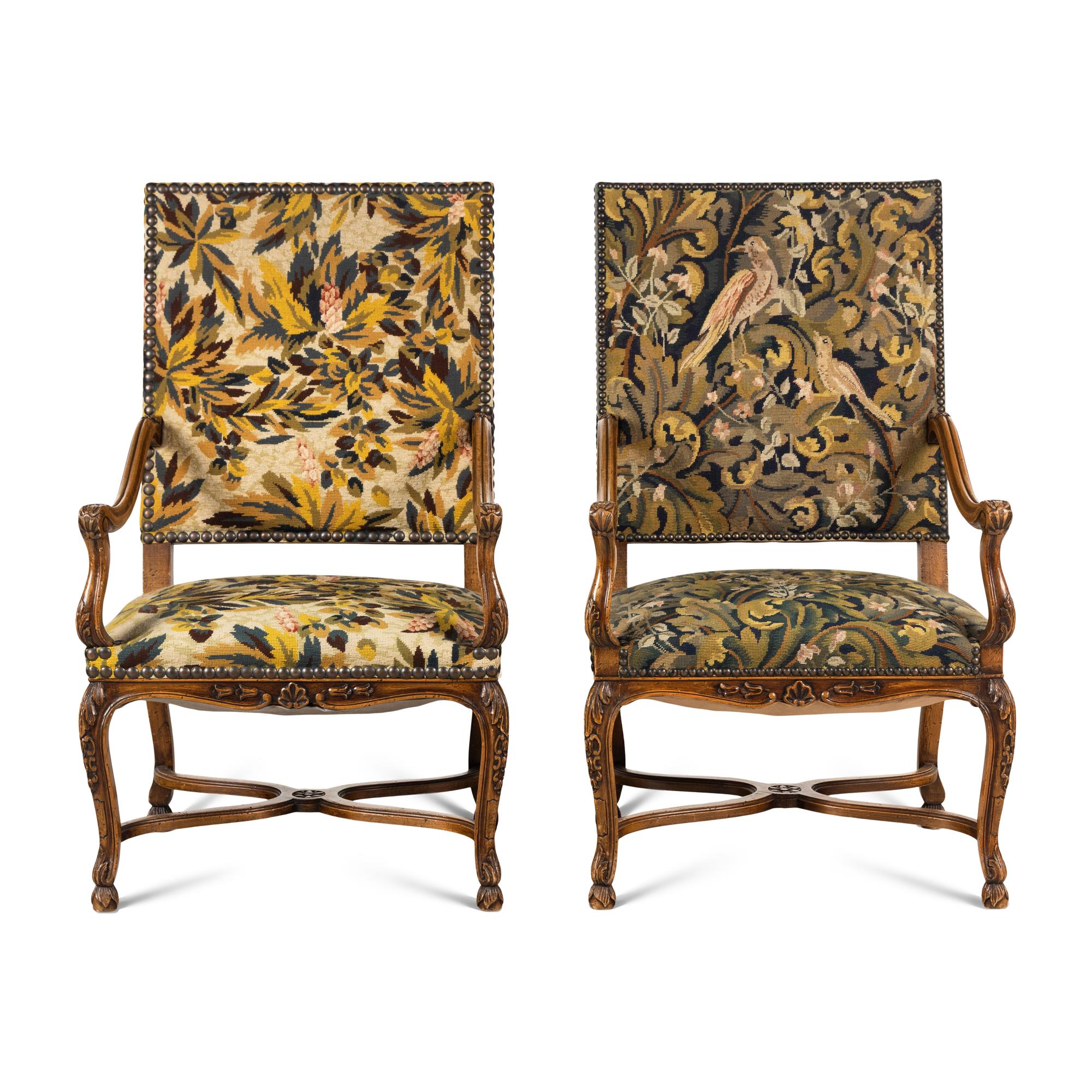 A Pair of French Baroque Style Walnut Armchairs