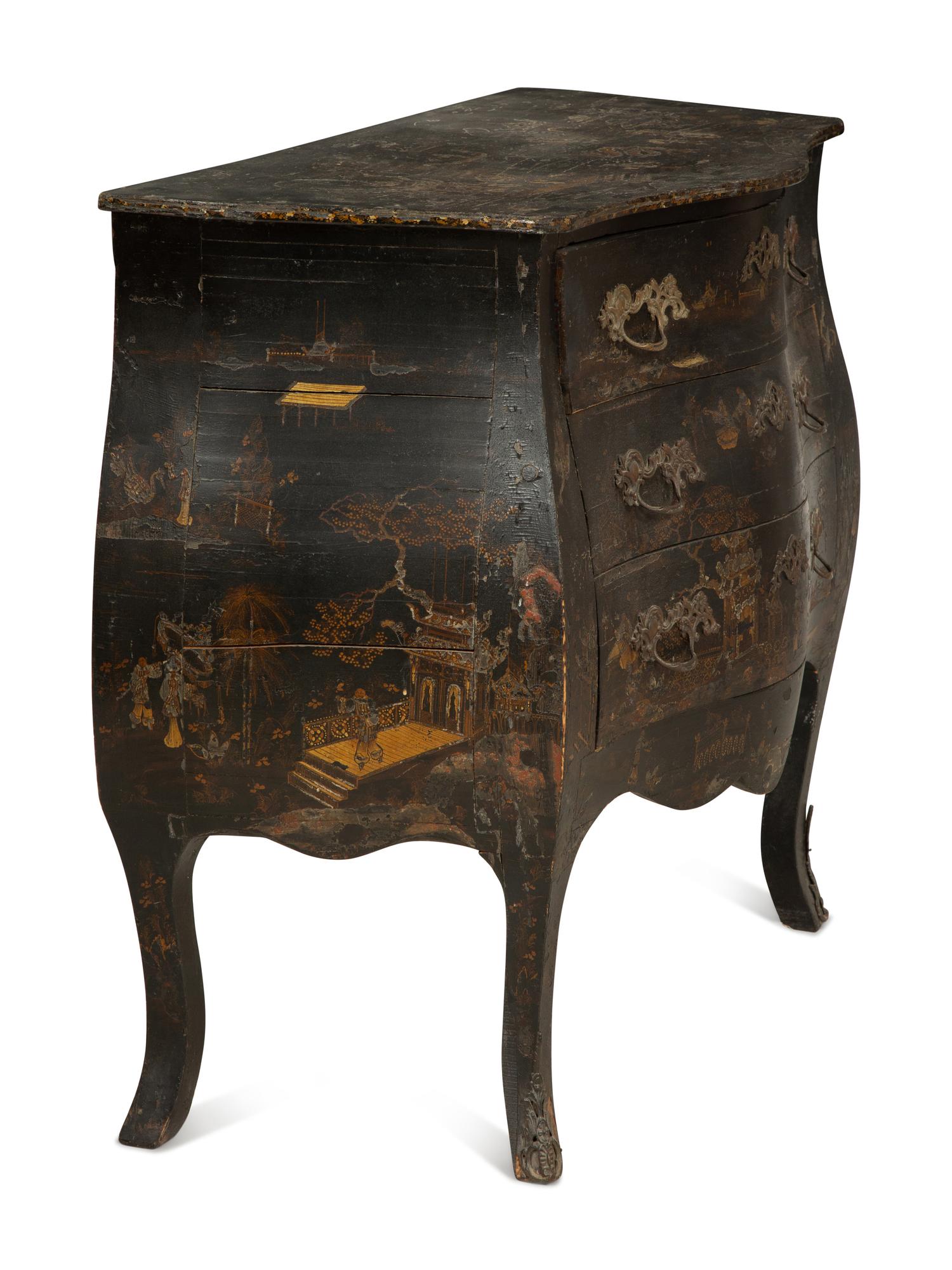 A Louis XV Black and Gilt Japanned Bombé Commode