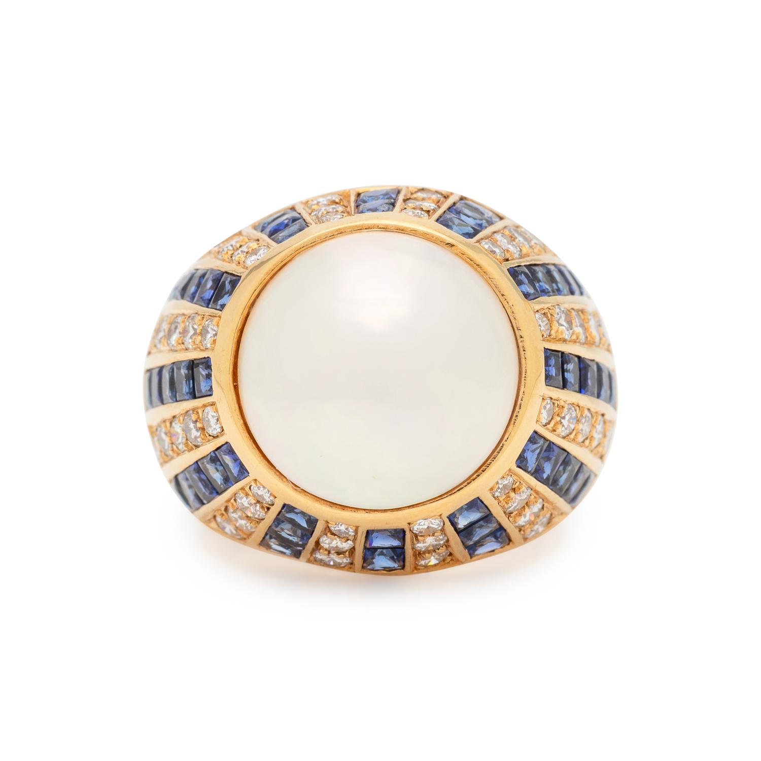 CULTURED MABE PEARL, DIAMOND AND SAPPHIRE RING