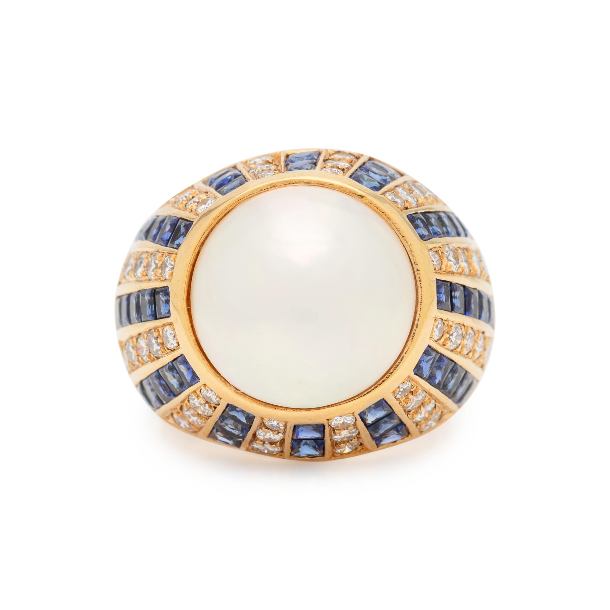 CULTURED MABE PEARL, DIAMOND AND SAPPHIRE RING