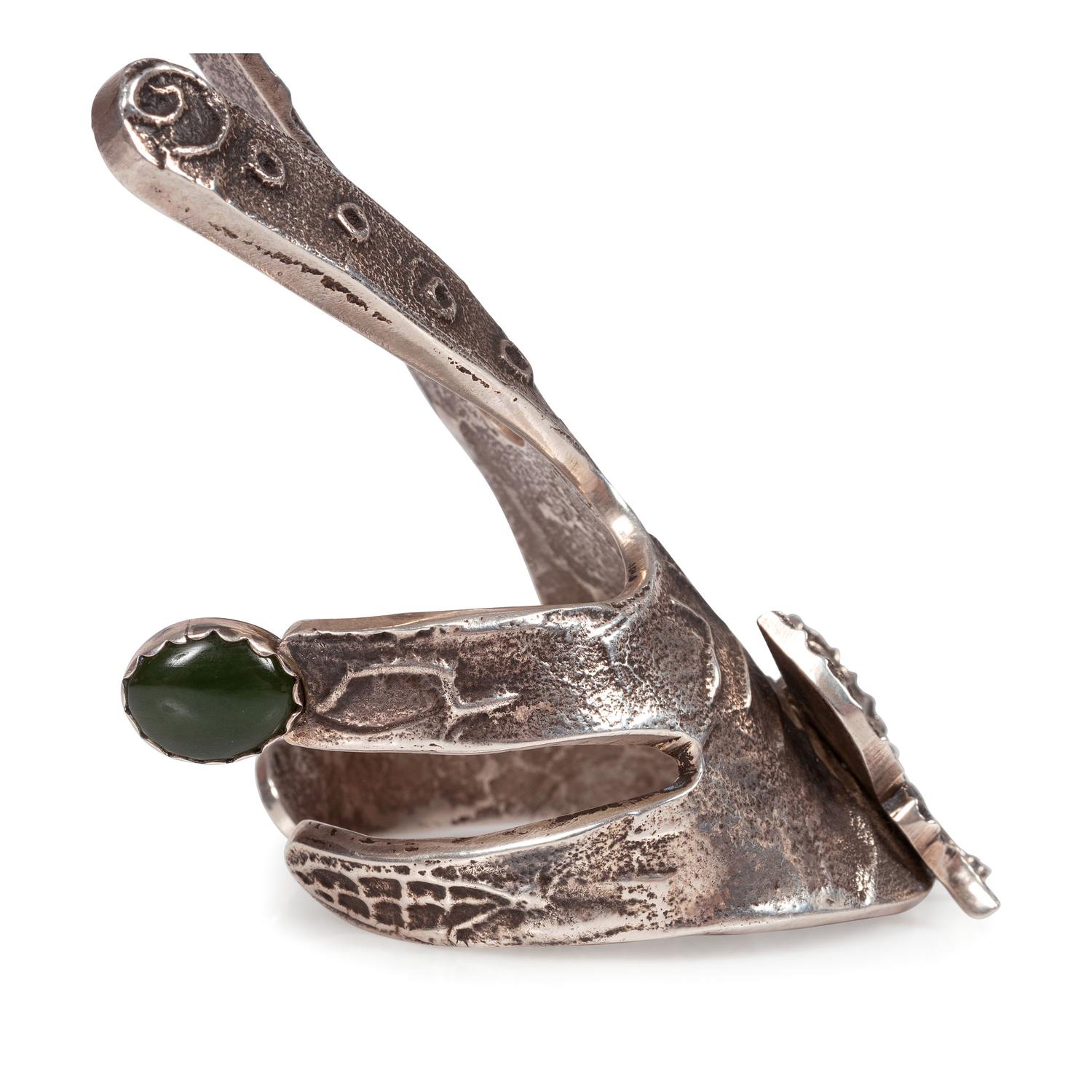 Tufa Cast Silver Hand-Shaped Cuff Bracelet, with Serpentine Cabochon