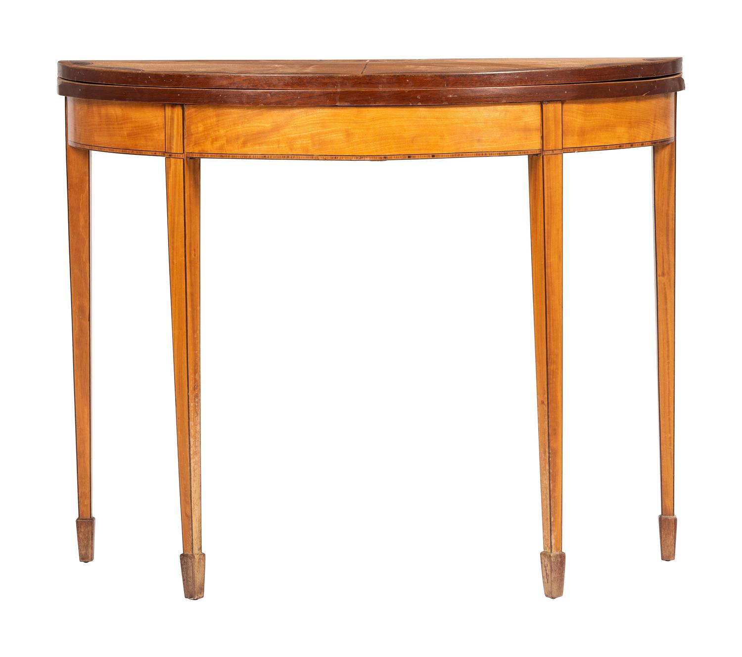 A George III Satinwood Inlaid Demilune Game Table