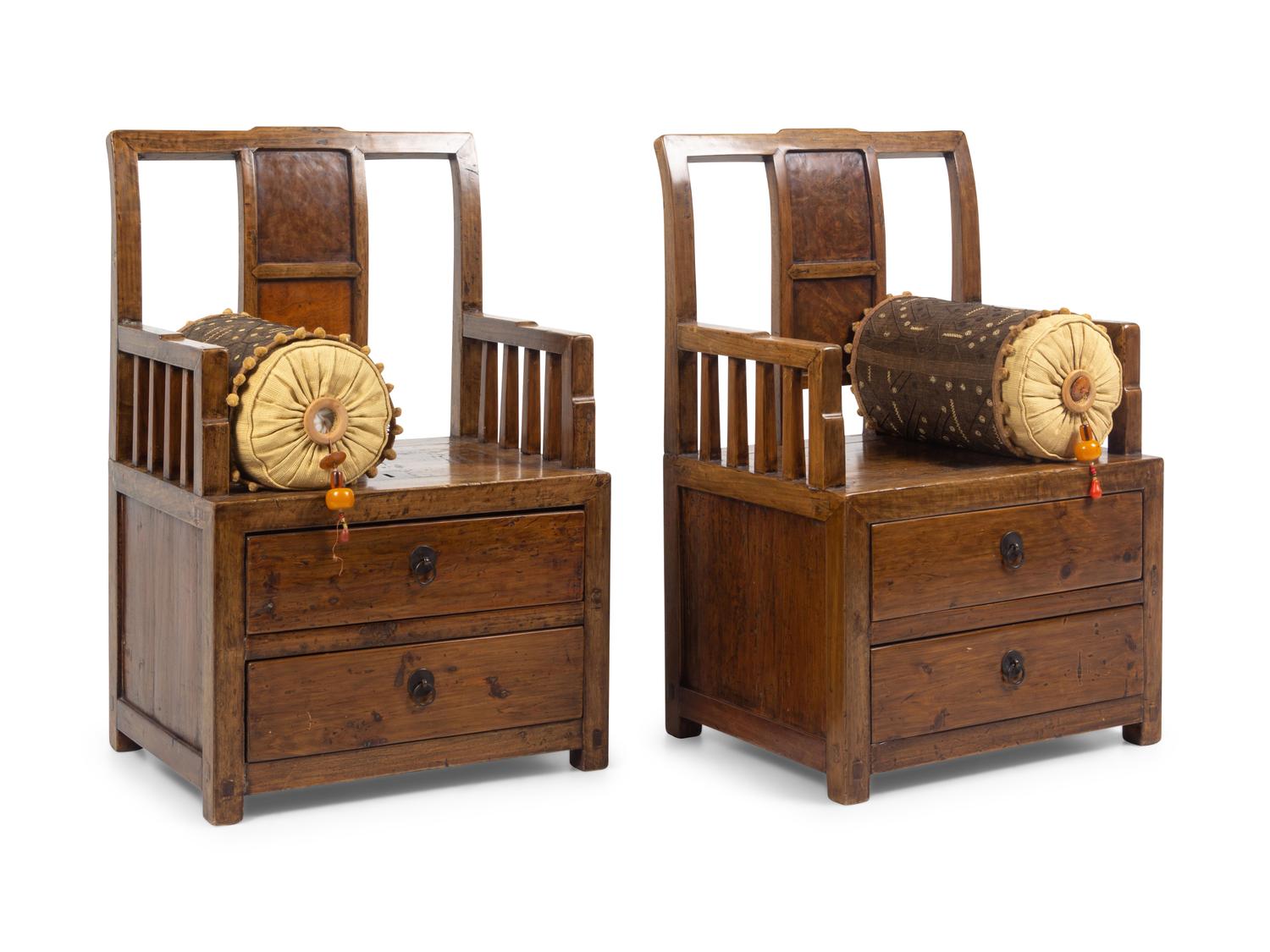 A Pair of Chinese Burlwood Inset Elmwood Armchairs