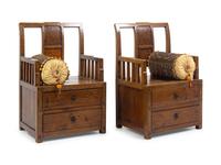 A Pair of Chinese Burlwood Inset Elmwood Armchairs