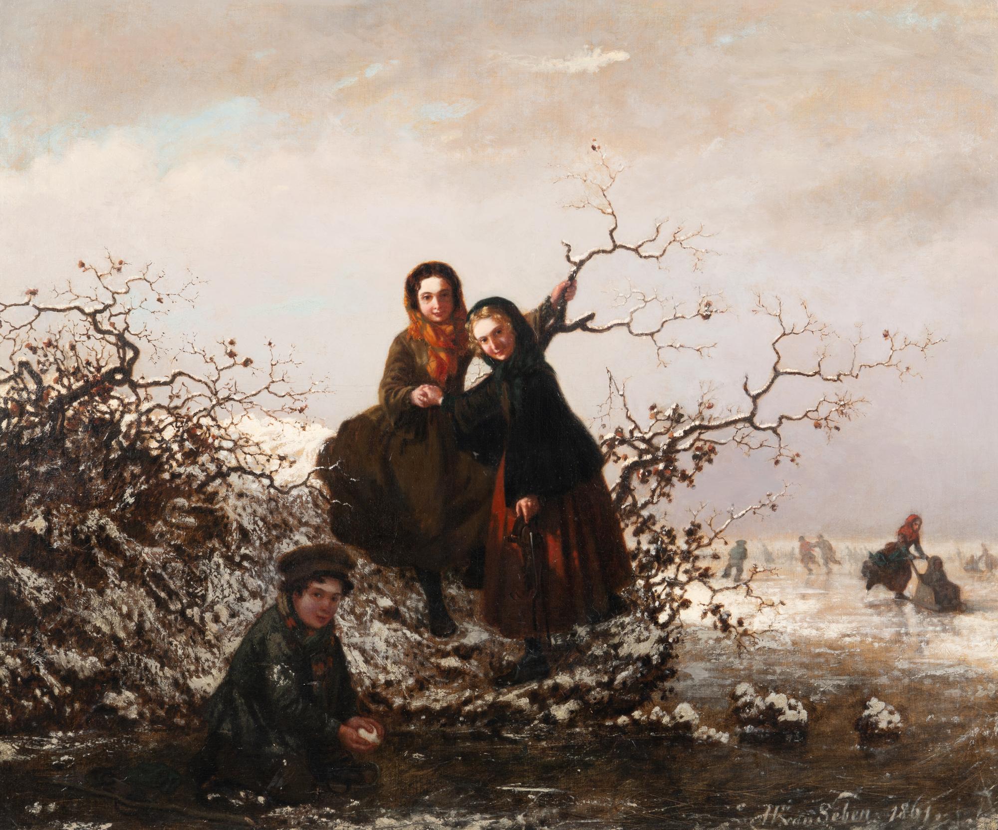 Three Children Playing in the Snow